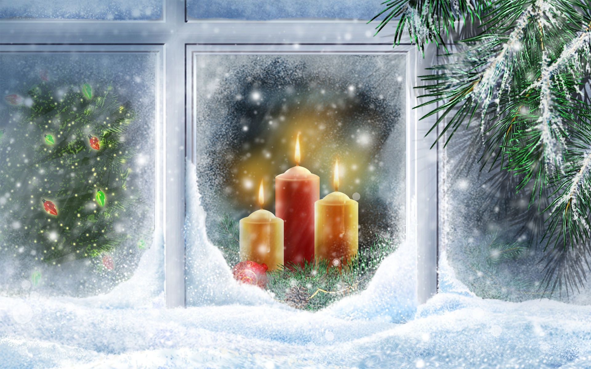 Finestra, Candele, Neve, Ghirlanda, Full HD, sfondo per portatile