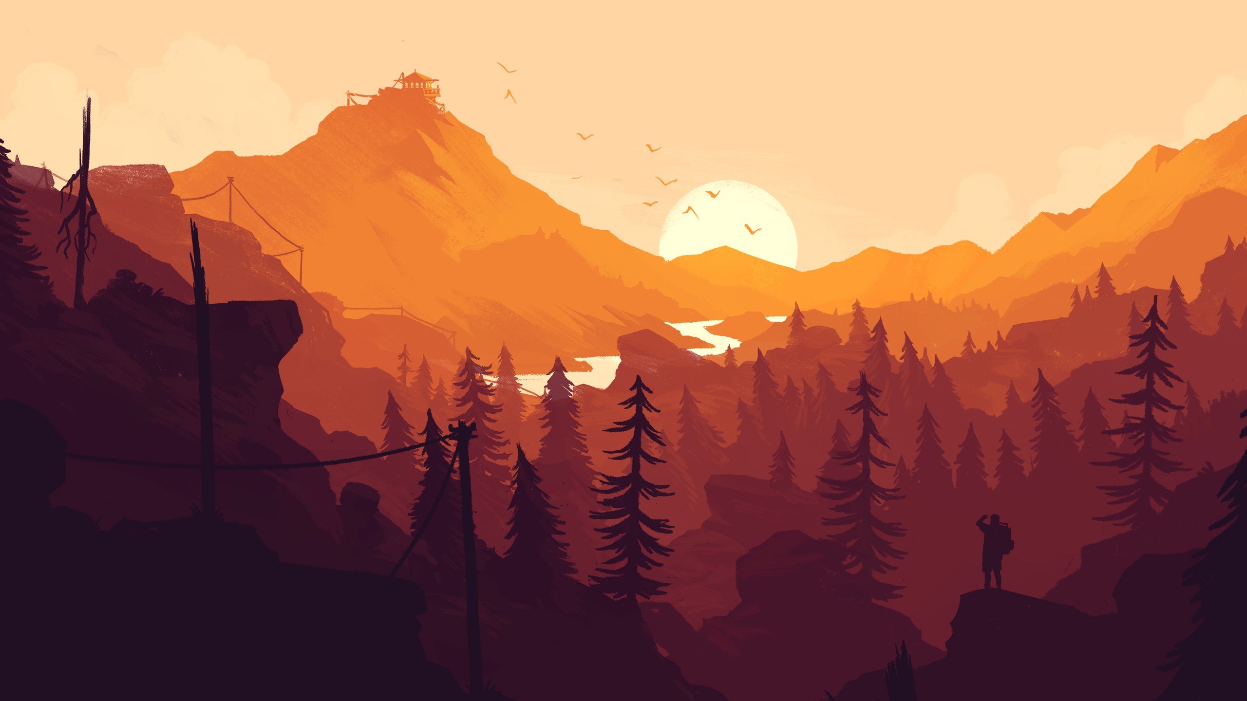 Firewatch, Escursionista, Valle, Tramonto, Arancione, 2K, sfondo per PC e portatile