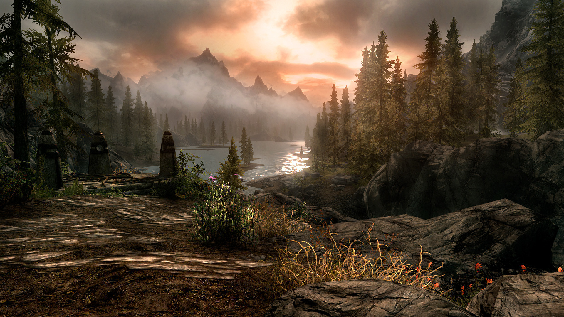 The Elder Scrolls V: Skyrim, Lago, Foresta, Tramonto, Full HD, sfondo per PC e portatile