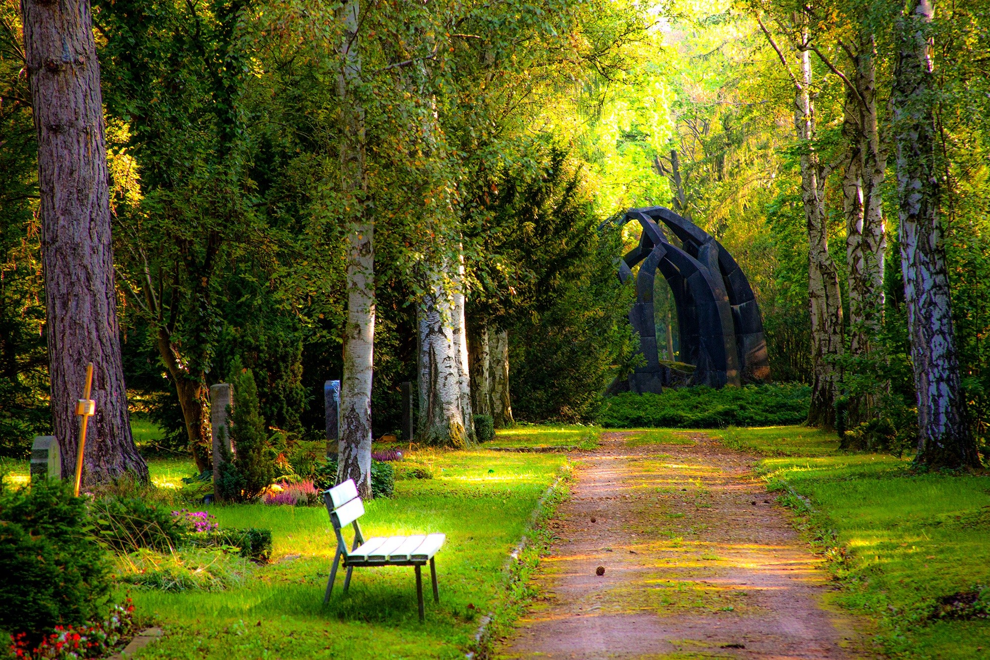 Viale alberato, Parco, Panchina, Arco, Estate, Full HD, sfondo per PC