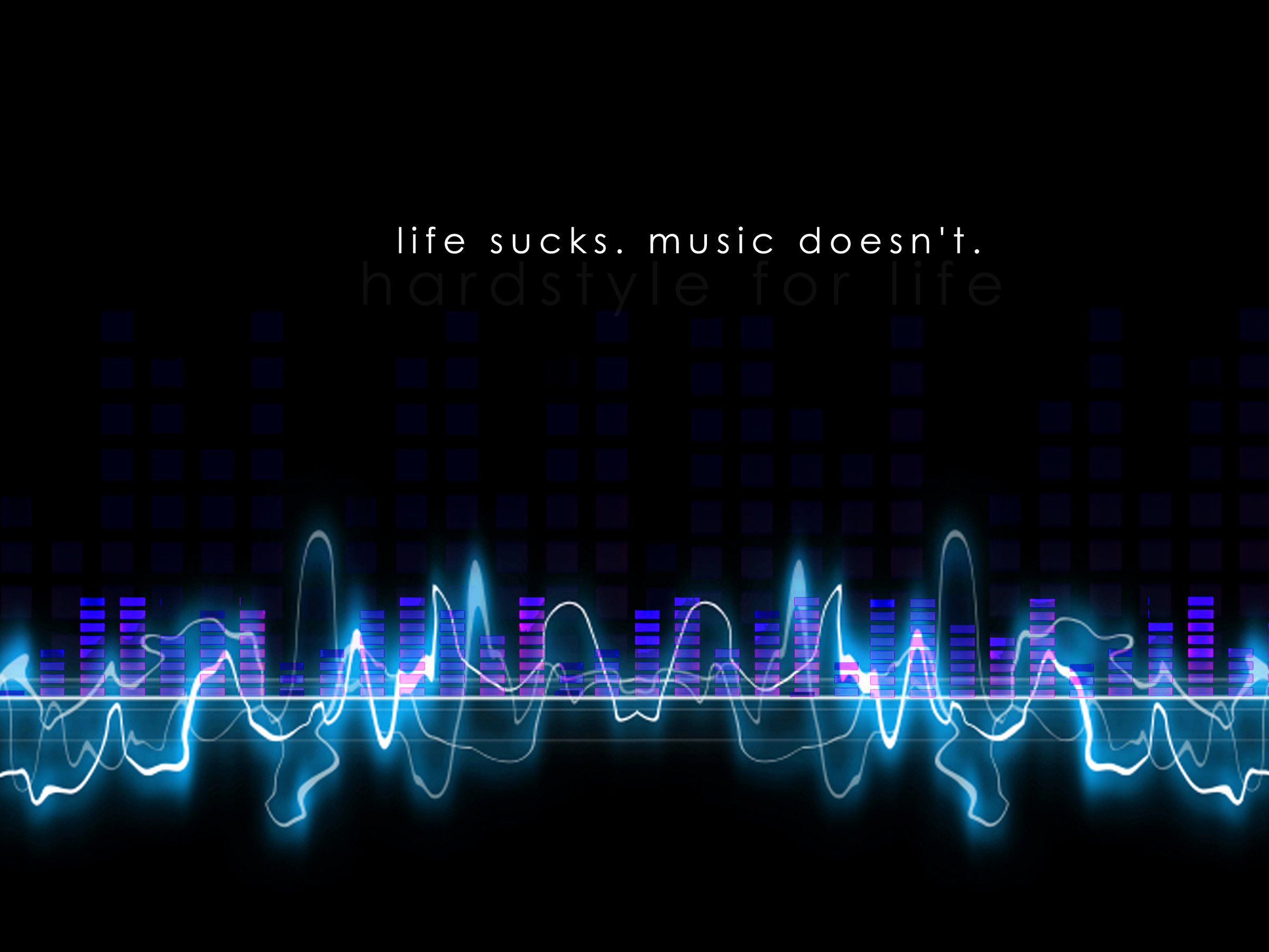 Life sucks, music doesn't, Onda sonora, Neon blu, Sfondo nero, Full HD, schermata di blocco iPad