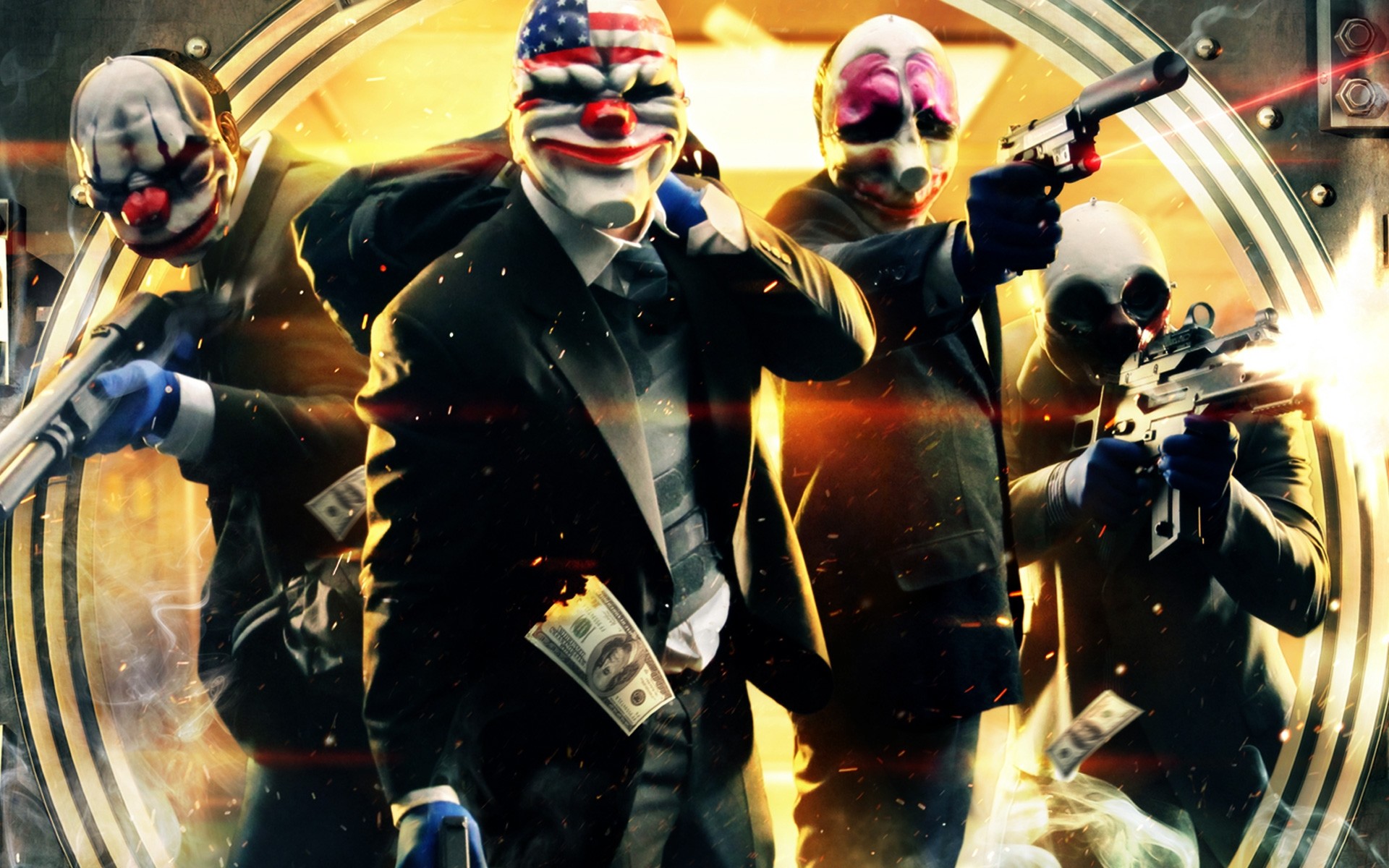 Payday 2, Maschere da clown, Rapina, Pistole, Videogioco, 1920x1200, sfondo MacBook Pro