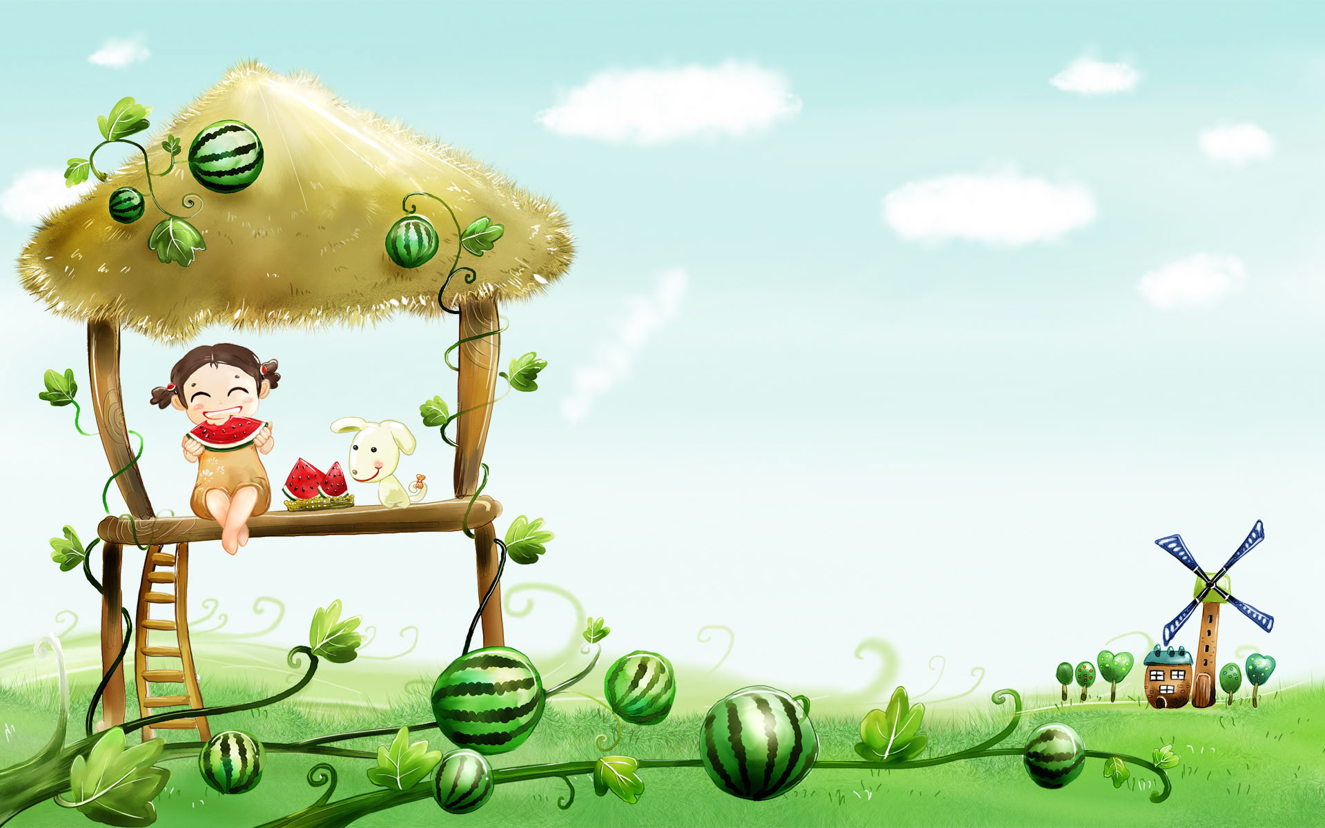 Angurie, Bambino, Capanna, Illustrazione, 1920x1200, sfondo per PC