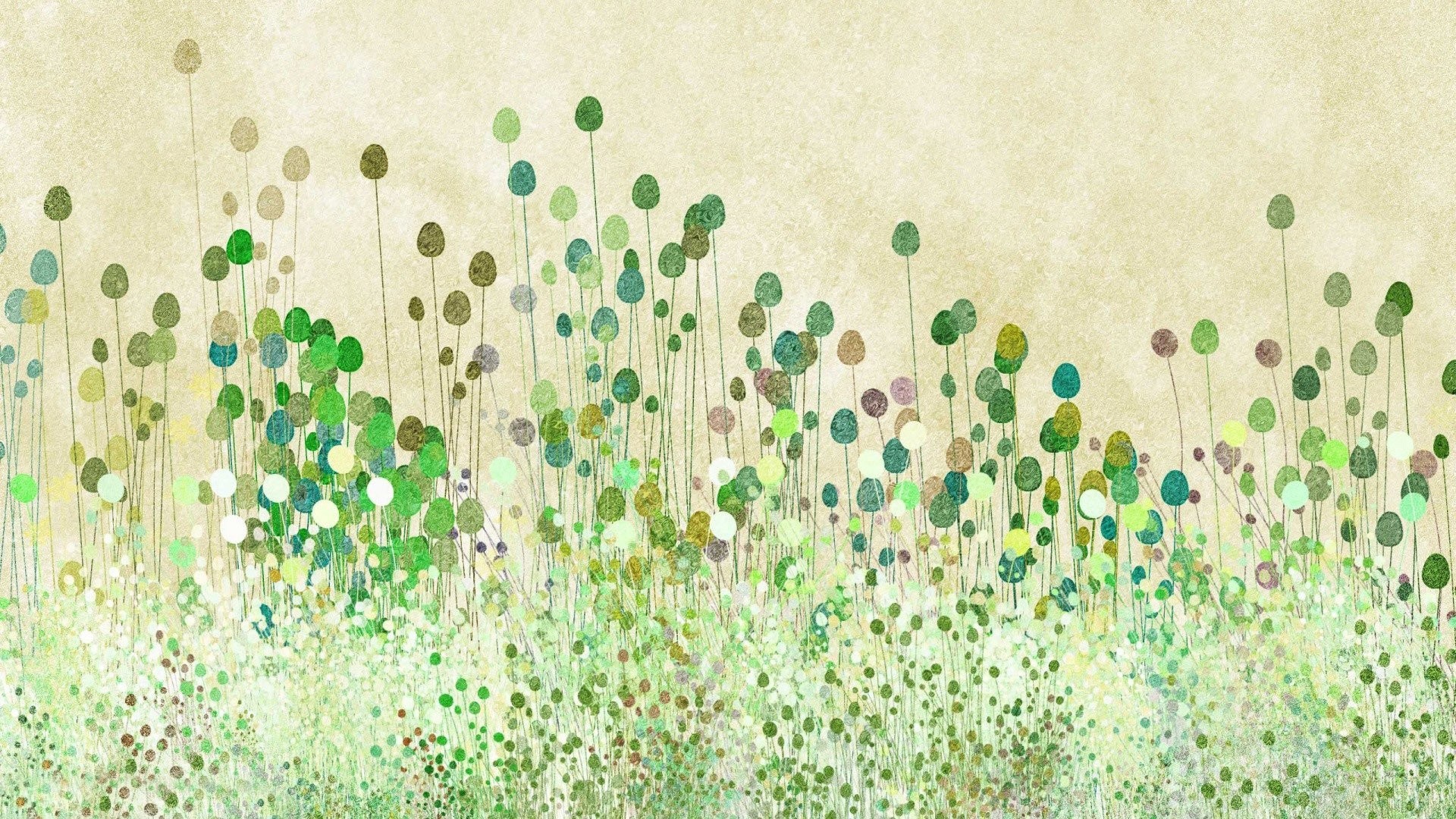 Prato, Fiori stilizzati, Acquerello, Verde, Full HD, sfondo desktop