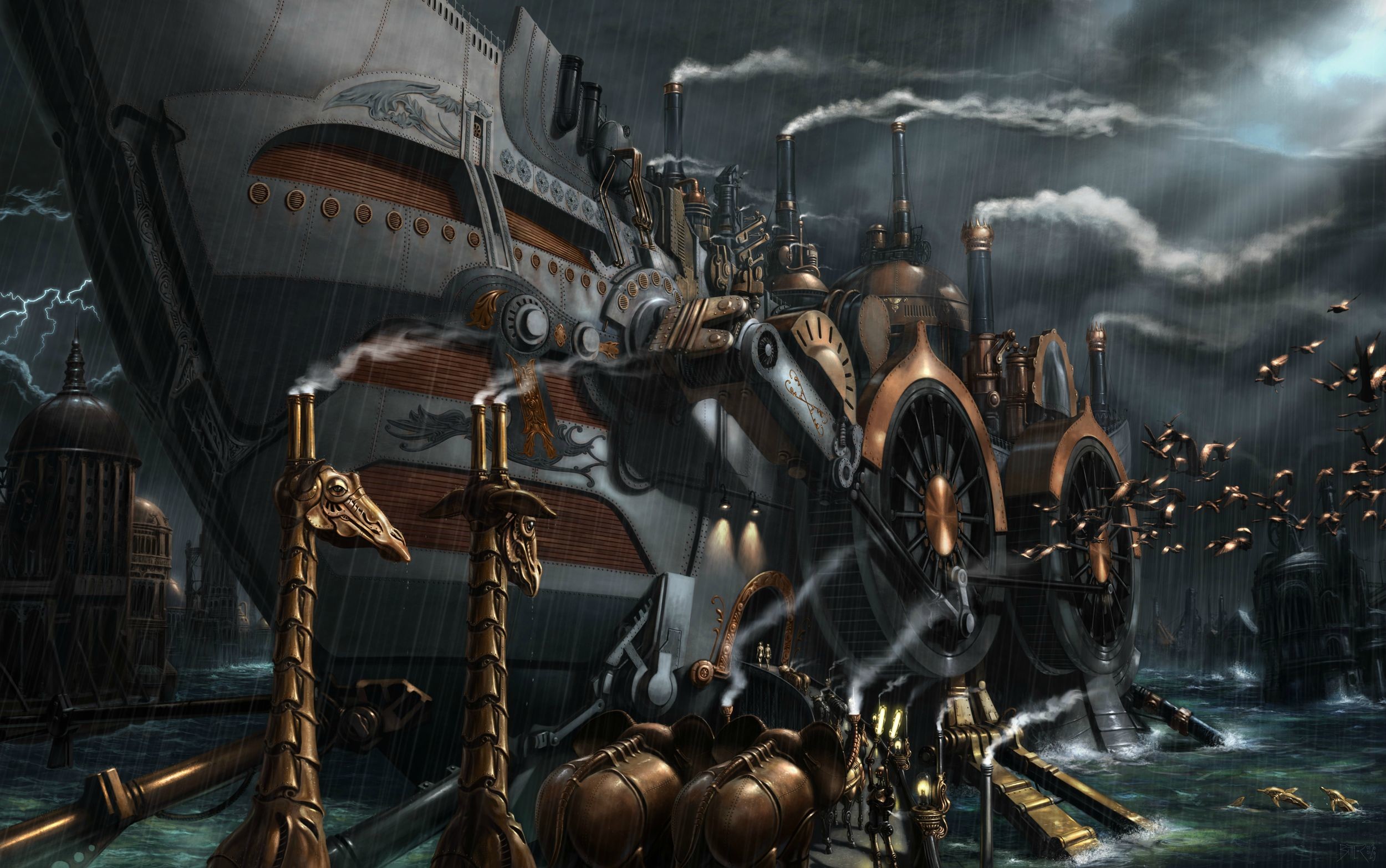 Nave a vapore, Porto, Tempesta, Steampunk, 2500x1566, sfondo MacBook Pro