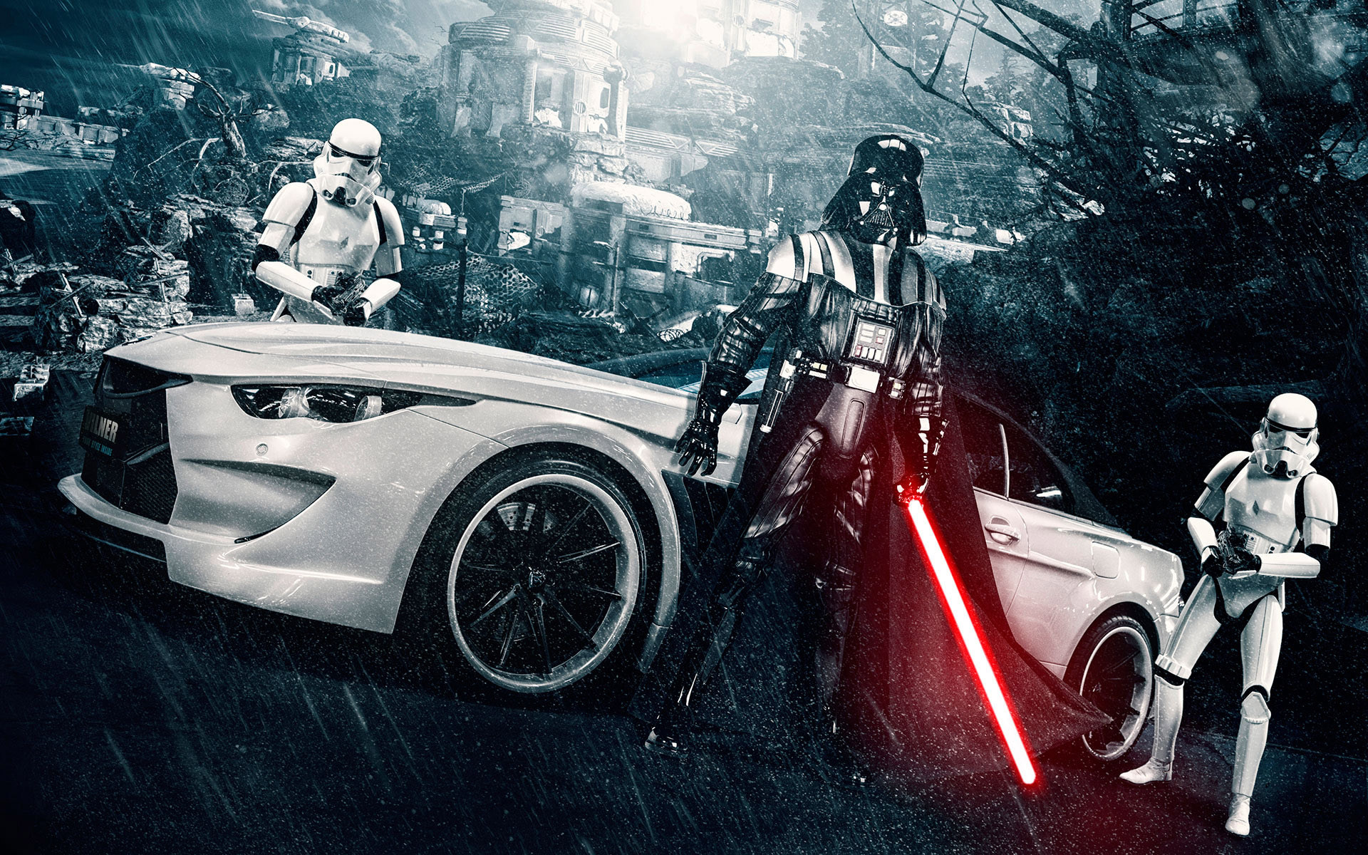 Darth Vader, Stormtrooper, Star Wars, Spada laser, Auto sportiva, sfondo per portatile