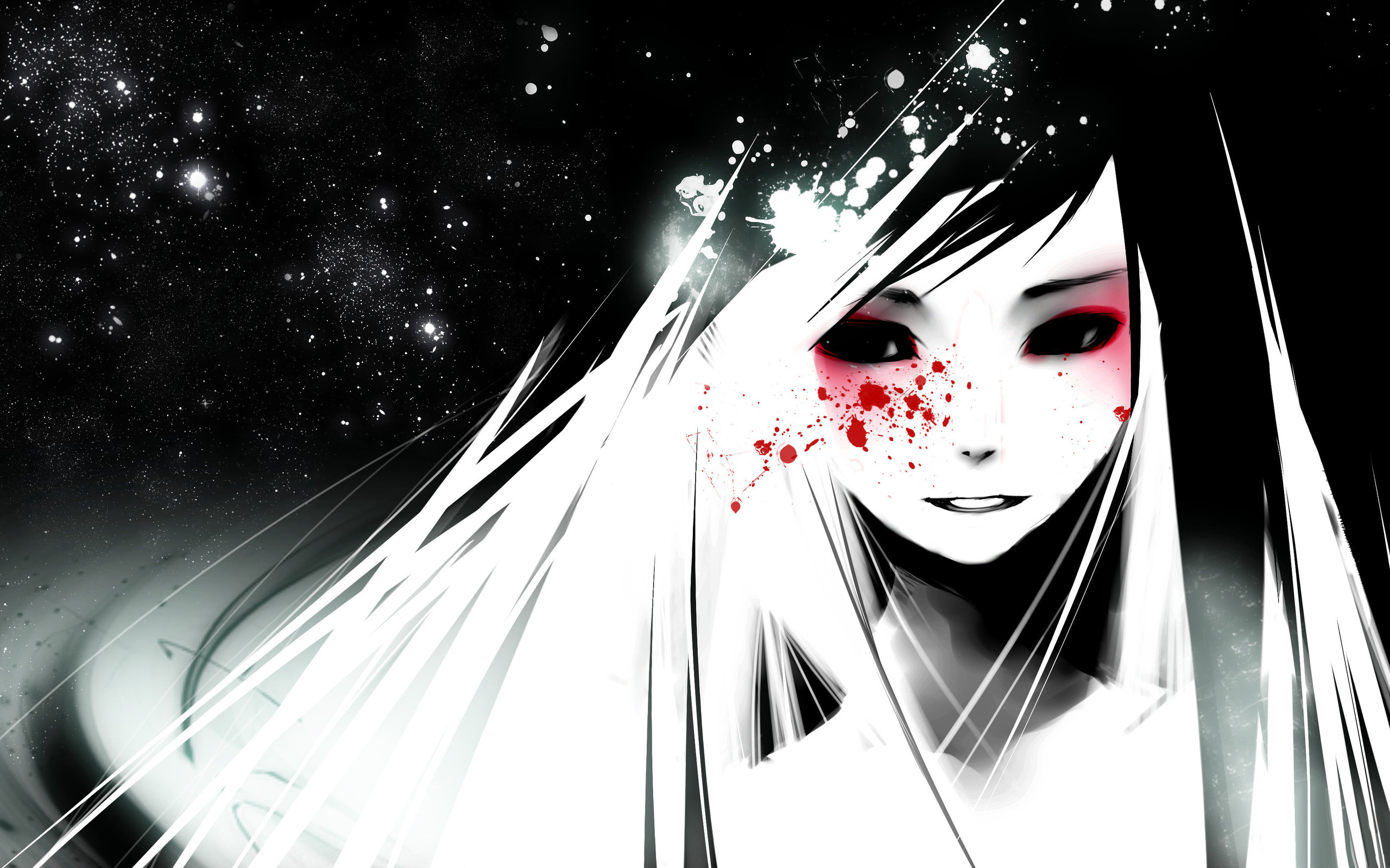 Ragazza anime, Sangue, Bianco e nero, Stelle, Gotico, 2K, sfondo per portatile