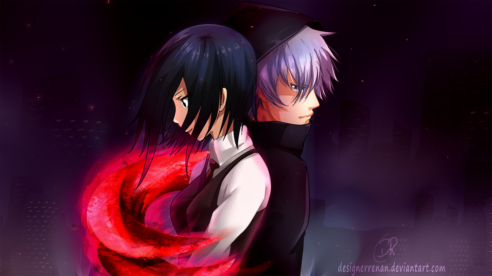 Ken Kaneki, Touka Kirishima, Tokyo Ghoul, Kagune, Notte, Full HD, sfondo Windows 11