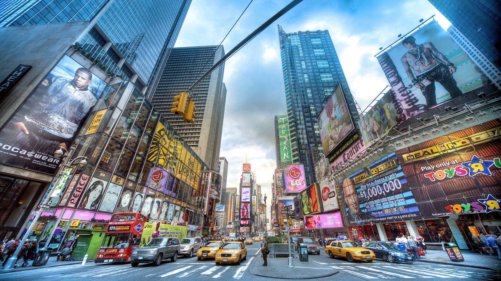 Times Square, Taxi gialli, Cartelloni pubblicitari, Grandangolo, sfondo 1920x1080 per PC