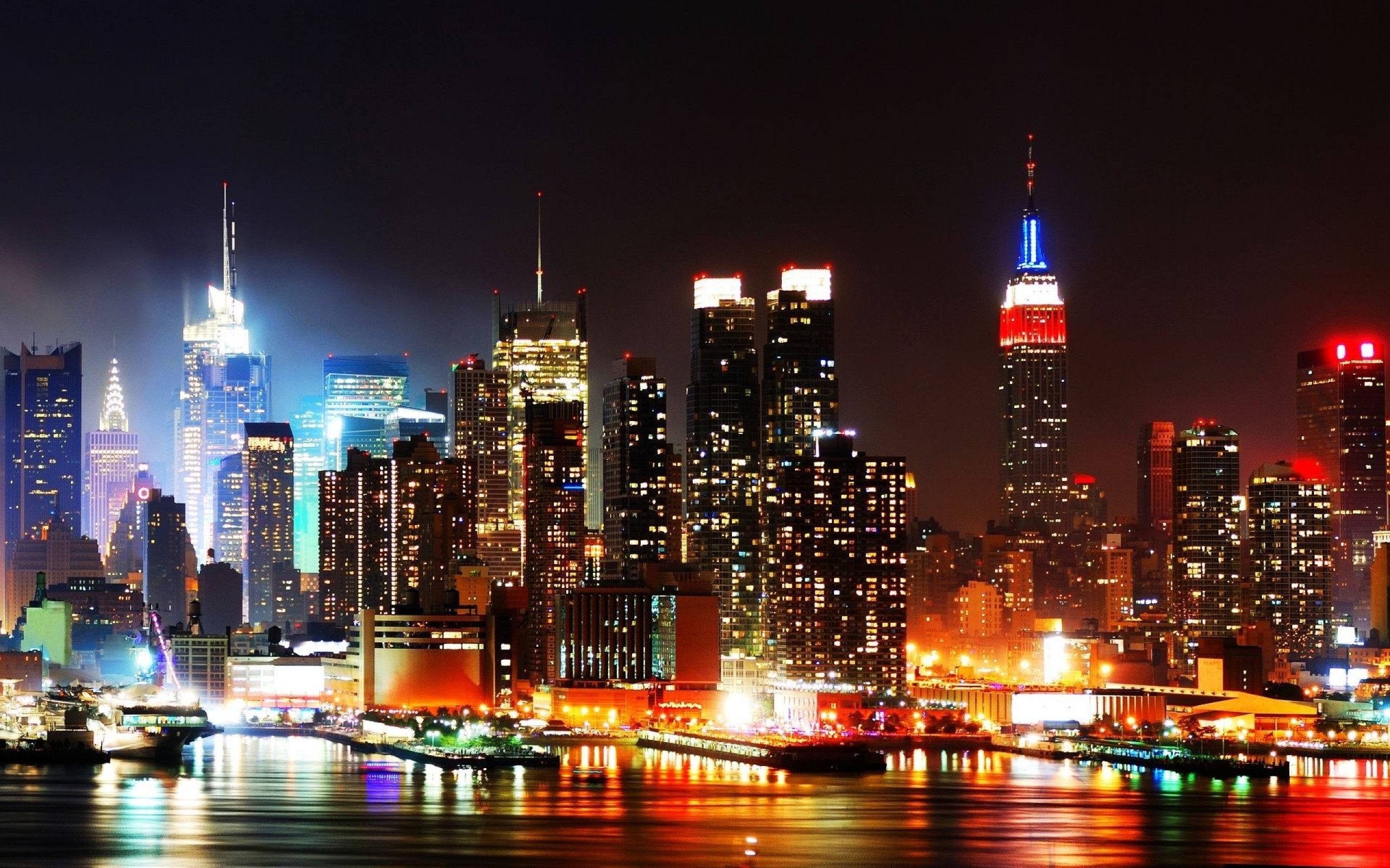 Manhattan, Empire State Building, New York, Notte, Luci, 2K, sfondo desktop