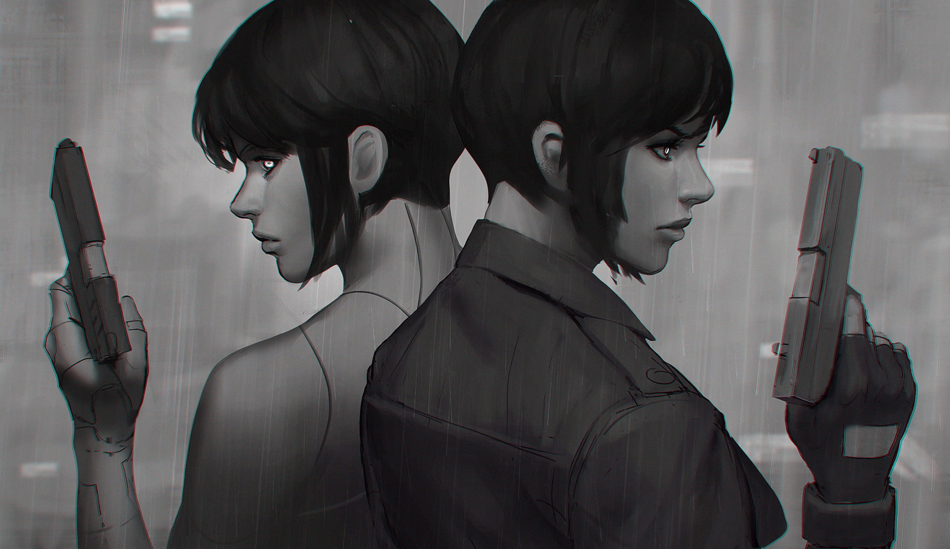 Motoko Kusanagi, Ghost in the Shell, Pistole, Bianco e nero, Full HD, sfondo per PC