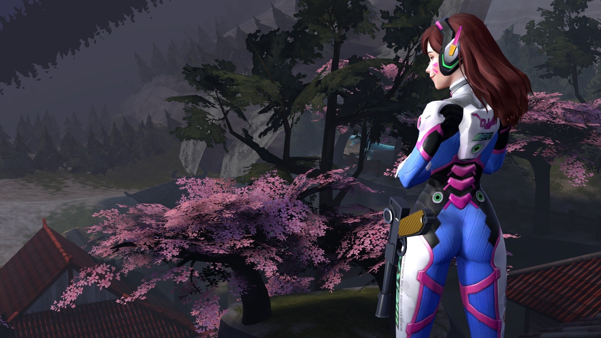 D.Va, Overwatch, Fiori di ciliegio, Rendering 3D, Full HD, sfondo desktop