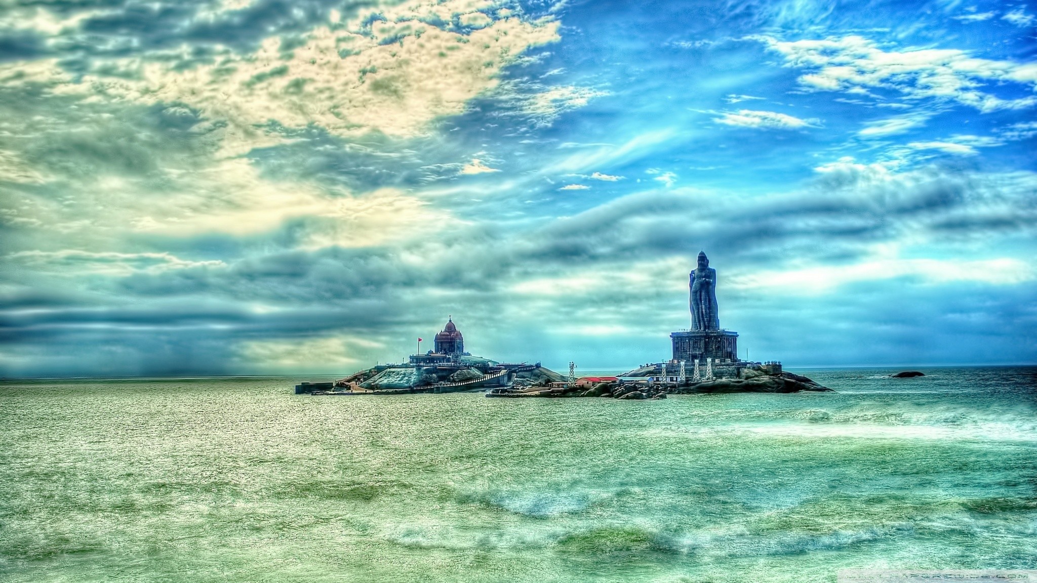 Vivekananda Rock Memorial, Statua di Thiruvalluvar, Kanyakumari, India, Mare, immagine di sfondo