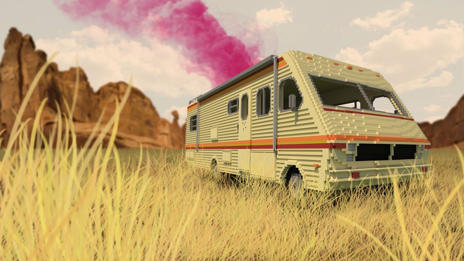 Breaking Bad, Camper, Illustrazione, Fumo rosa, Deserto, Full HD, sfondo per PC e portatile