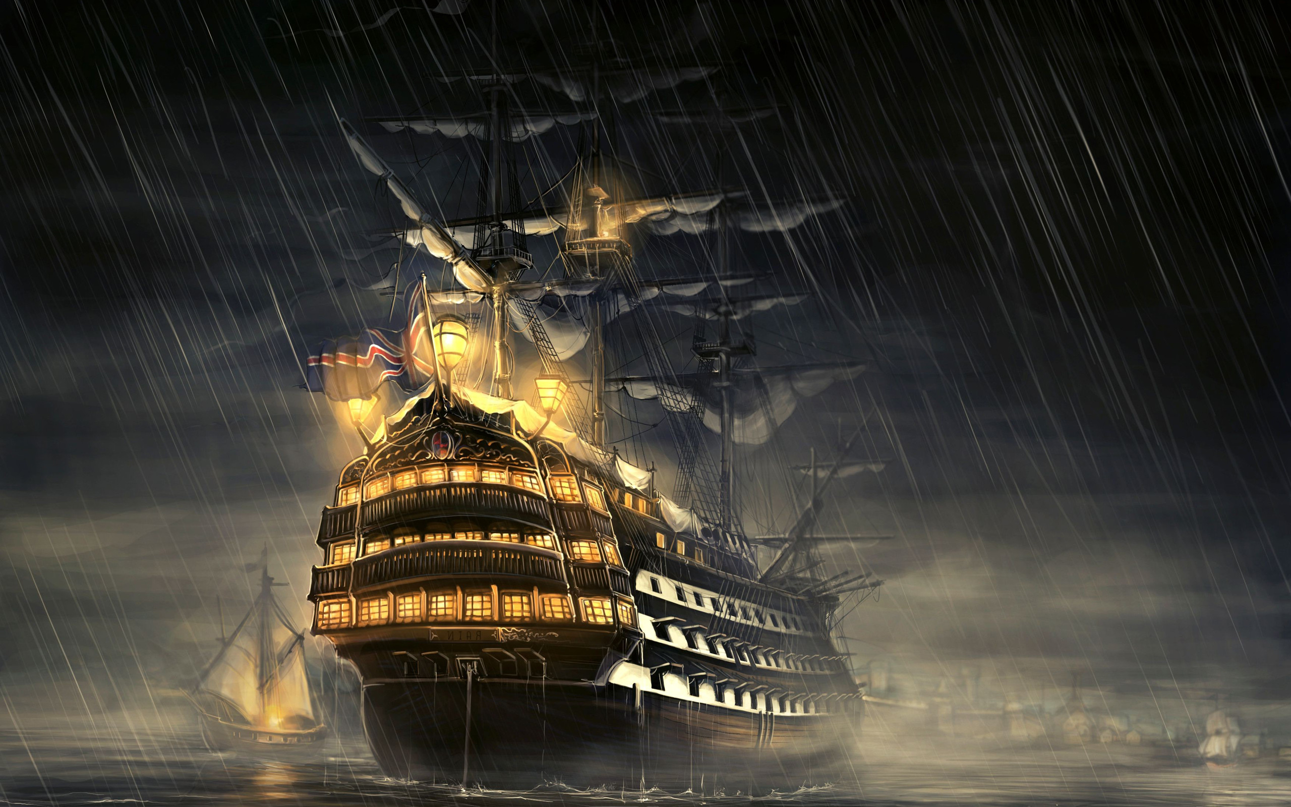 Galeone, Tempesta, Pioggia, Notte, 2560x1600, sfondo per PC