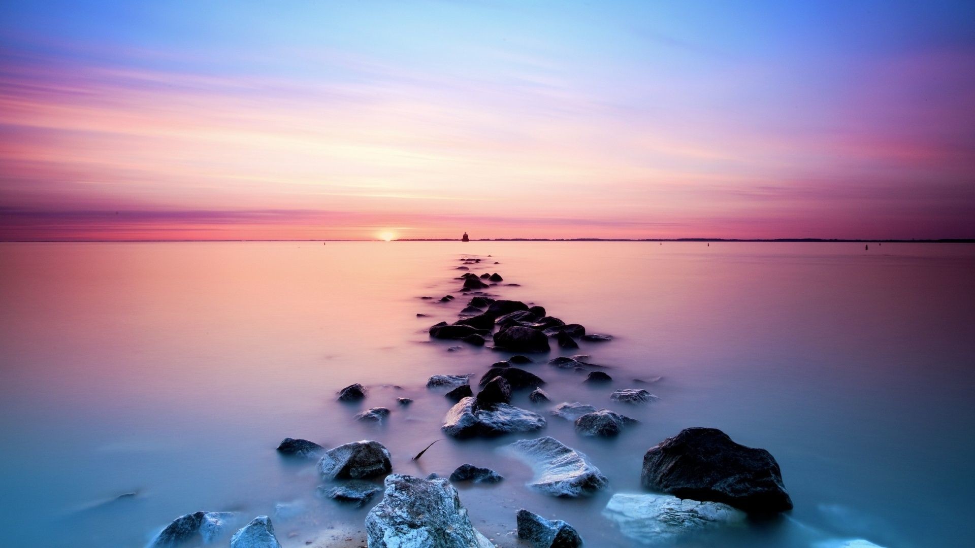 Pontile di rocce, Mare, Tramonto, Lunga esposizione, Rosa, Full HD, sfondo desktop