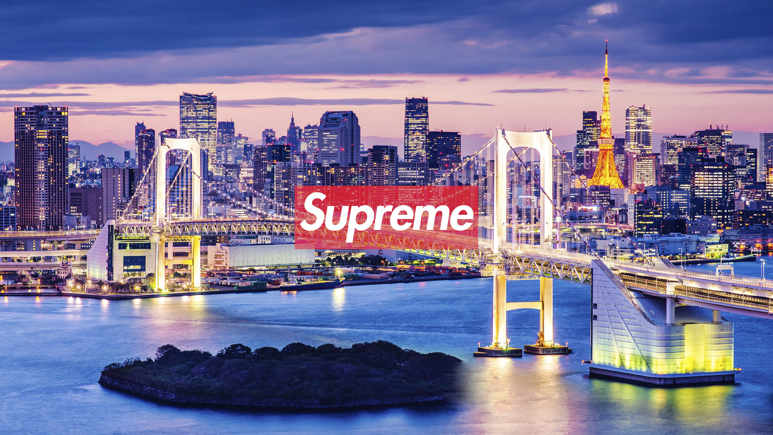 Rainbow Bridge, Tokyo Tower, Tokyo, Logo Supreme, Notte, 2K, sfondo per PC e portatile