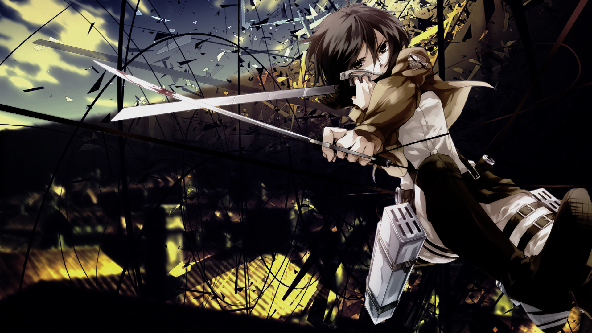 Mikasa Ackerman, L'attacco dei giganti, Spade, Città, Arte digitale, sfondo 1920x1080 per PC