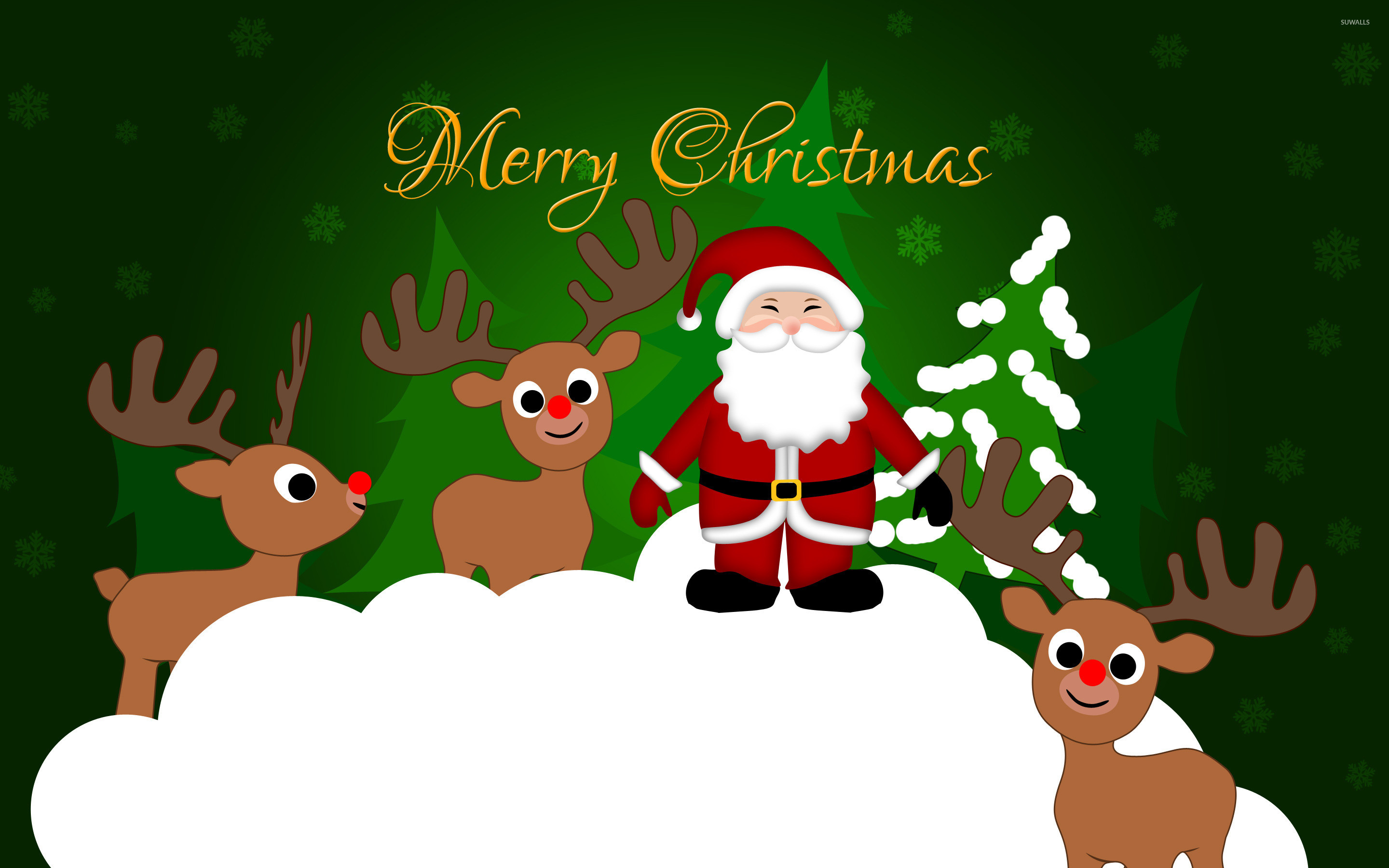 Babbo Natale, Renne, Merry Christmas, Sfondo verde, Cartone, 2K, wallpaper desktop