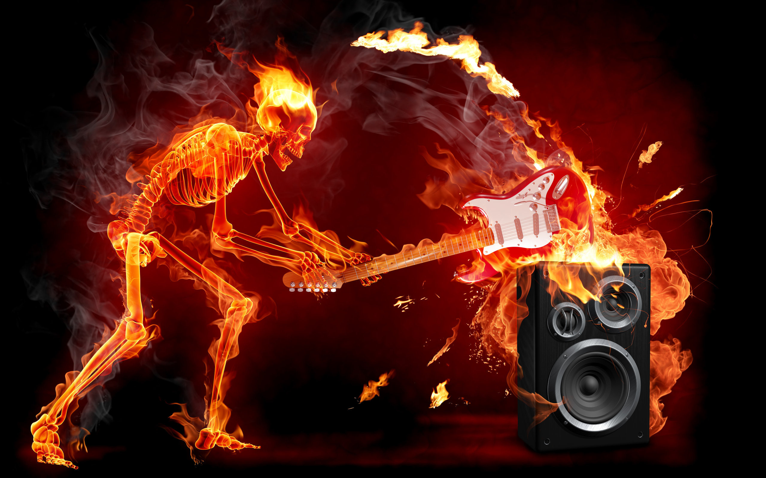 Scheletro in fiamme, Chitarra elettrica, Fuoco, Amplificatore, 2560x1600, sfondo MacBook Pro