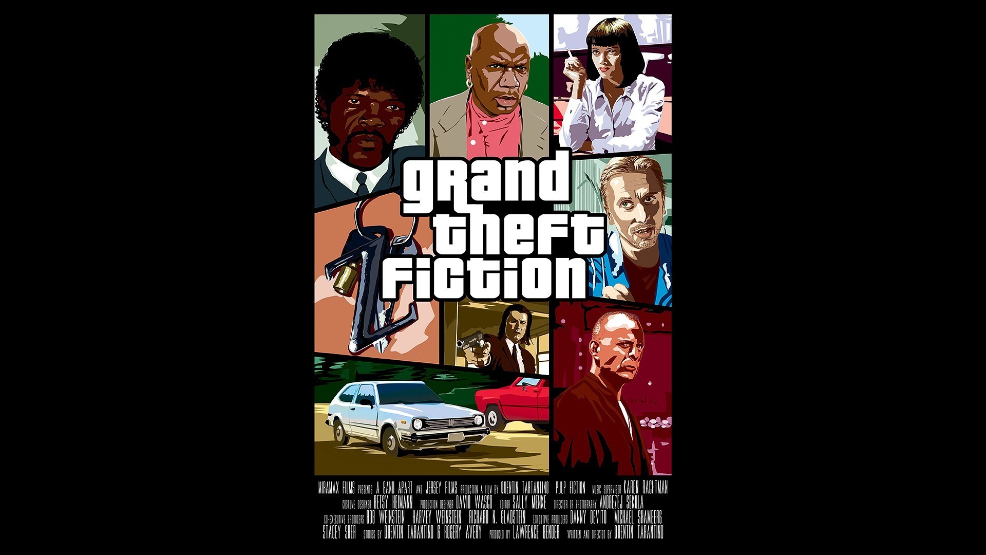 Pulp Fiction, Grand Theft Auto, Parodia, Samuel L. Jackson, Uma Thurman, sfondo widescreen Full HD