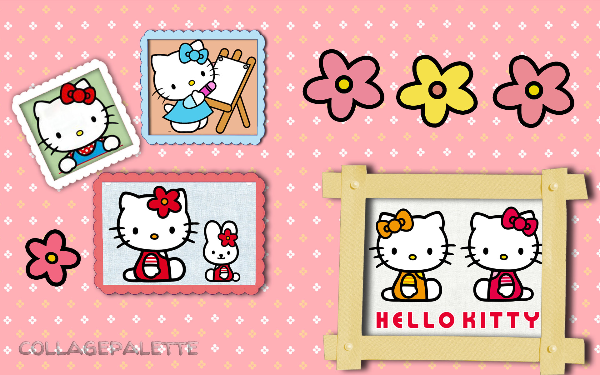 Hello Kitty, Collage, Cornici, Fiori, Mimmy, Full HD, sfondo per PC