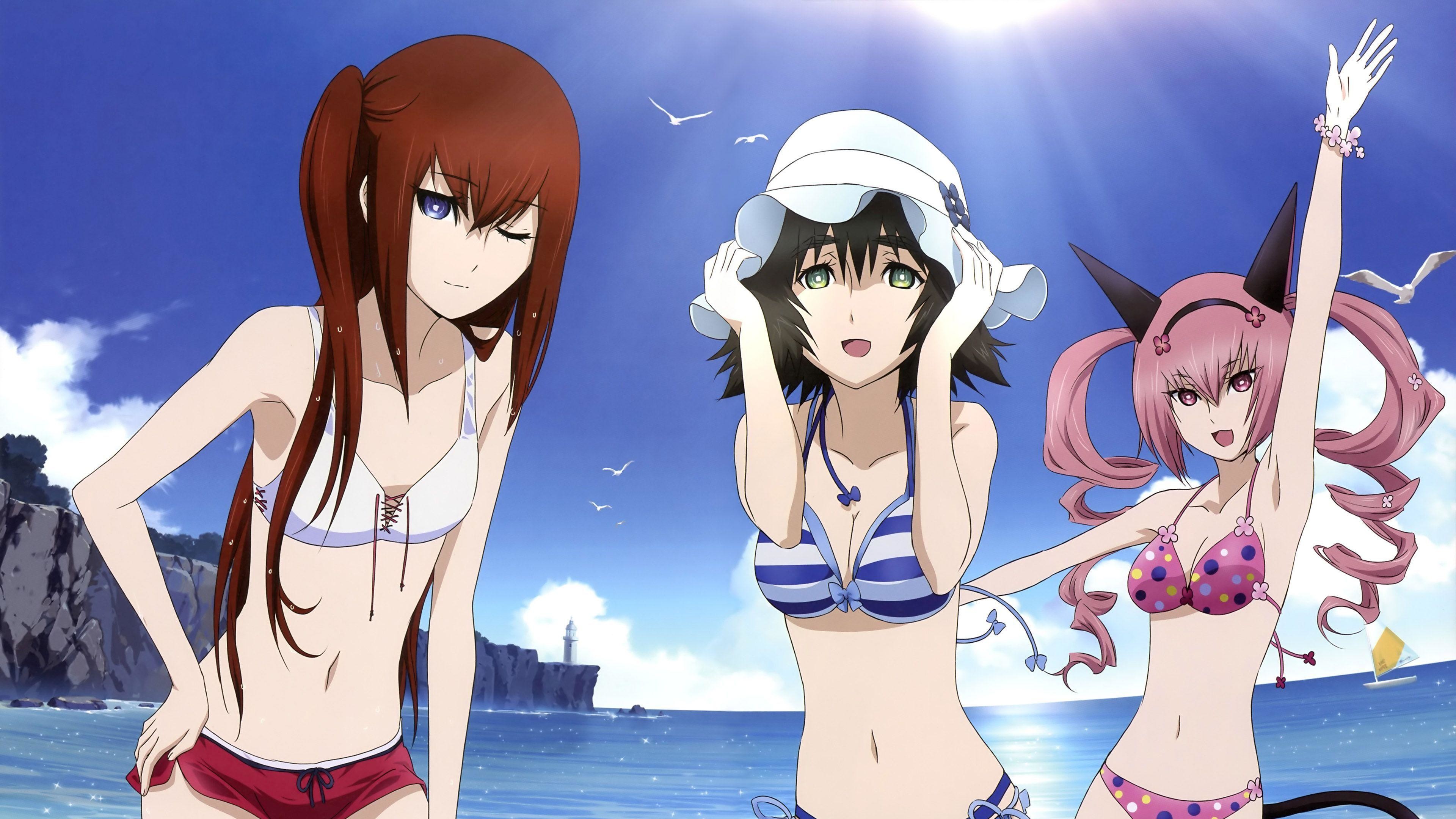 Kurisu Makise, Mayuri Shiina, Faris NyanNyan, Steins;Gate, Spiaggia, Costume da bagno, 4K UHD