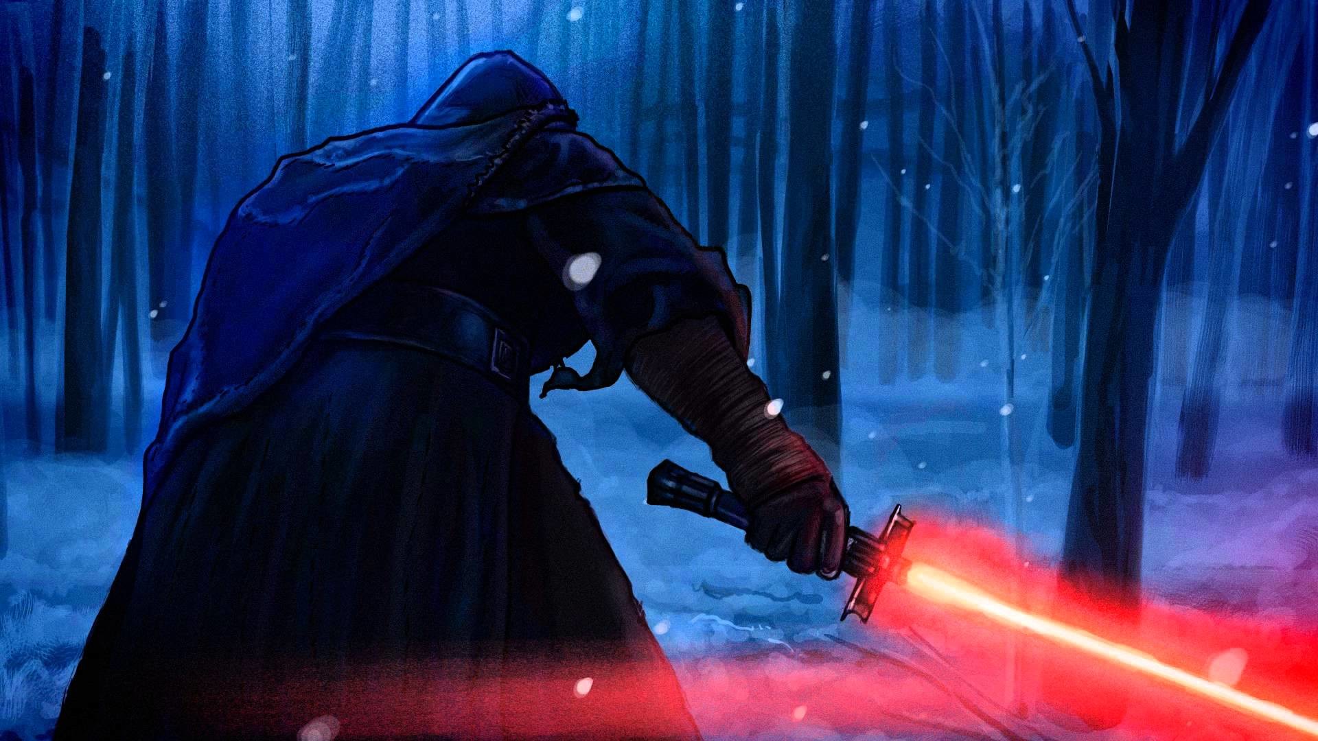 Kylo Ren, Star Wars: Il risveglio della Forza, Foresta innevata, Spada laser, sfondo Full HD
