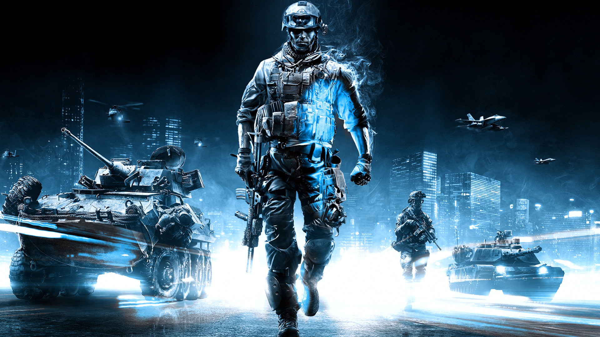 Battlefield 3, Soldato, Carro armato, Città notturna, Videogioco, Luci blu, sfondo Full HD per PC