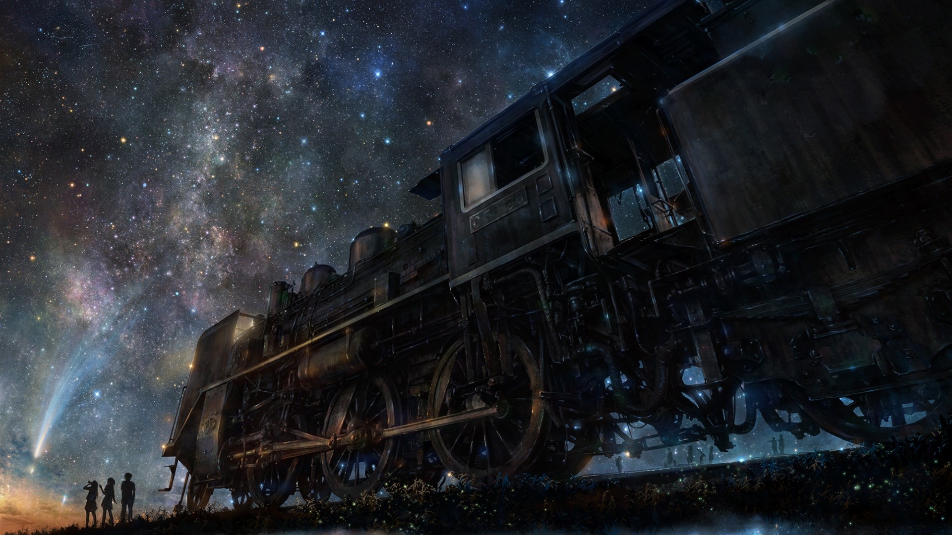 Locomotiva a vapore, Cielo stellato, Via Lattea, Paesaggio anime, sfondo Full HD per computer