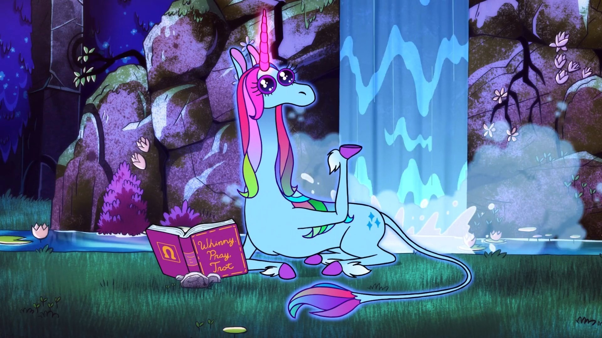 Unicorno, Cascata, Libro, Cartoni animati, Full HD, wallpaper desktop