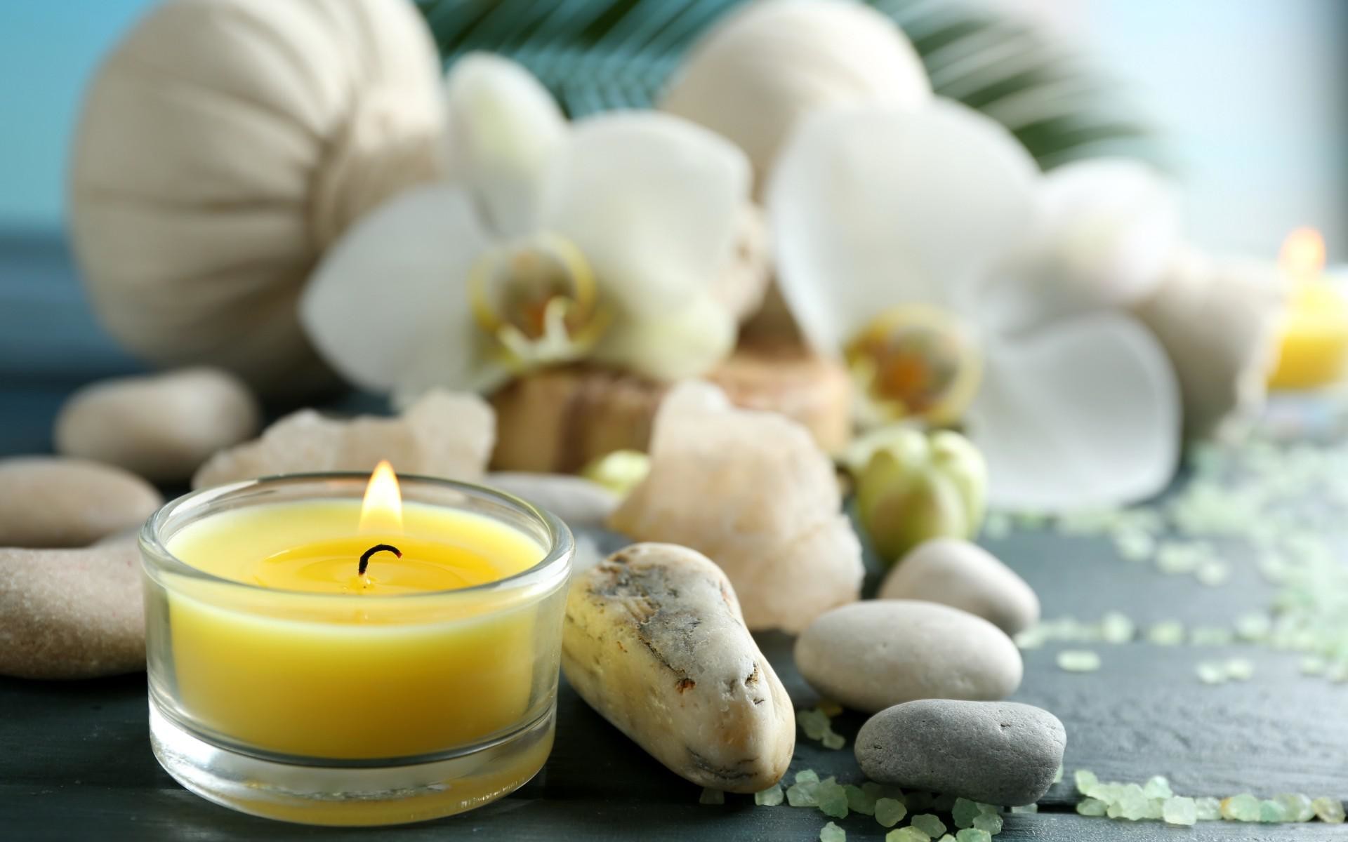 Spa, Candela, Orchidee bianche, Ciottoli, Full HD, sfondo desktop