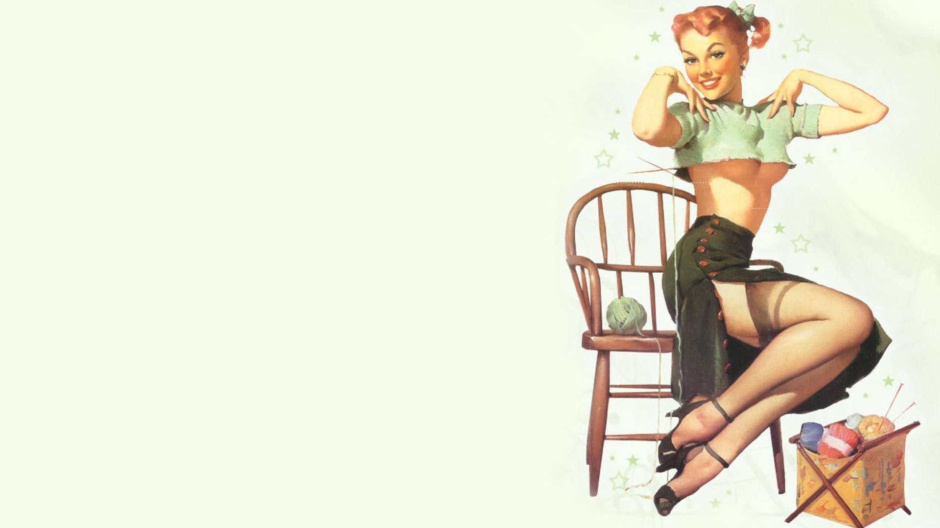 Gil Elvgren, Pin-up, Sedia, Gomitoli, Illustrazione, 1920x1080, sfondo per PC