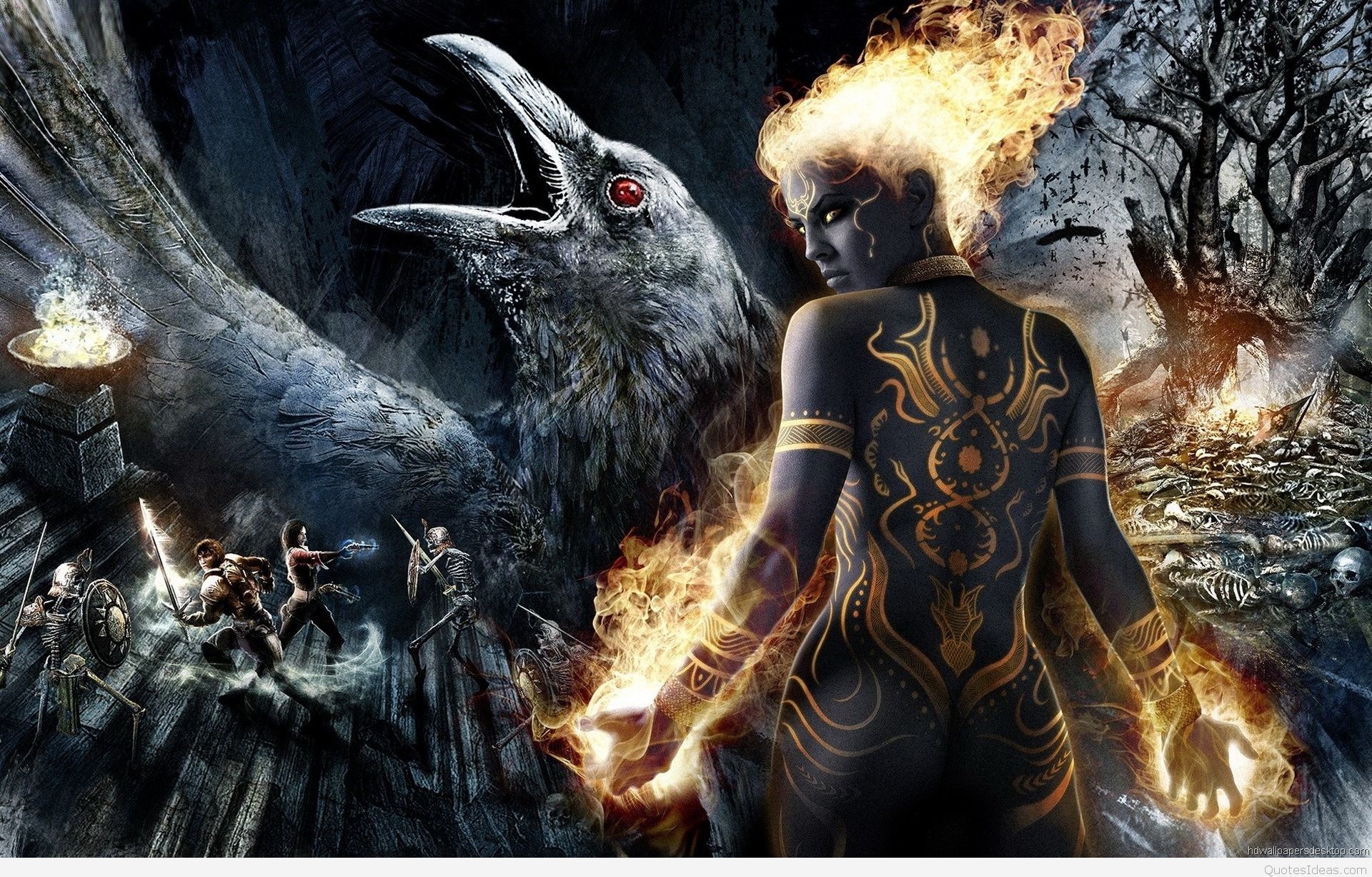 Corvo gigante, Donna di fuoco, Battaglia, Dark fantasy, Fiamme, Arte digitale, sfondo desktop