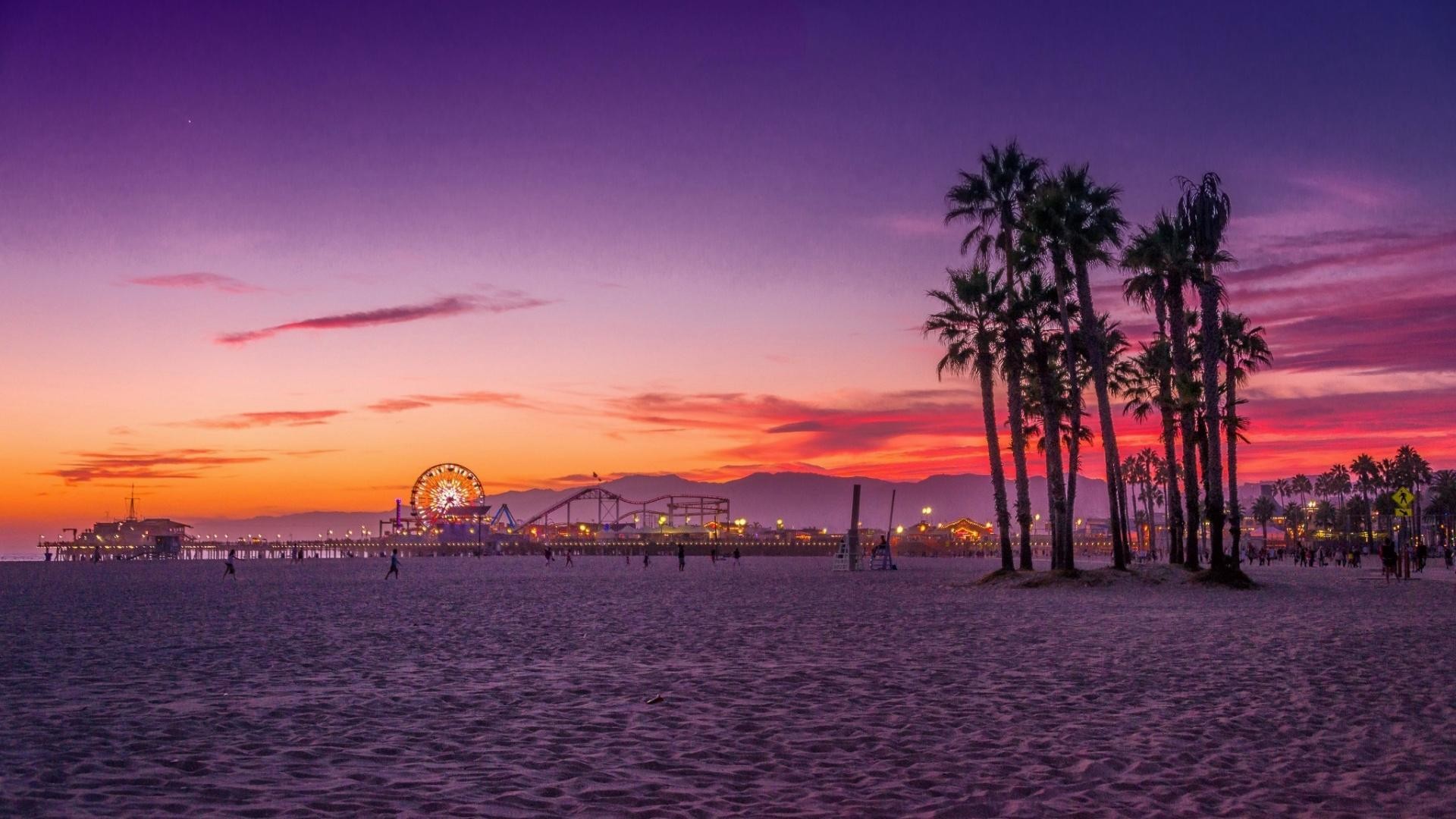 Santa Monica, Molo di Santa Monica, Spiaggia, Palme, Tramonto, Full HD, sfondo per portatile