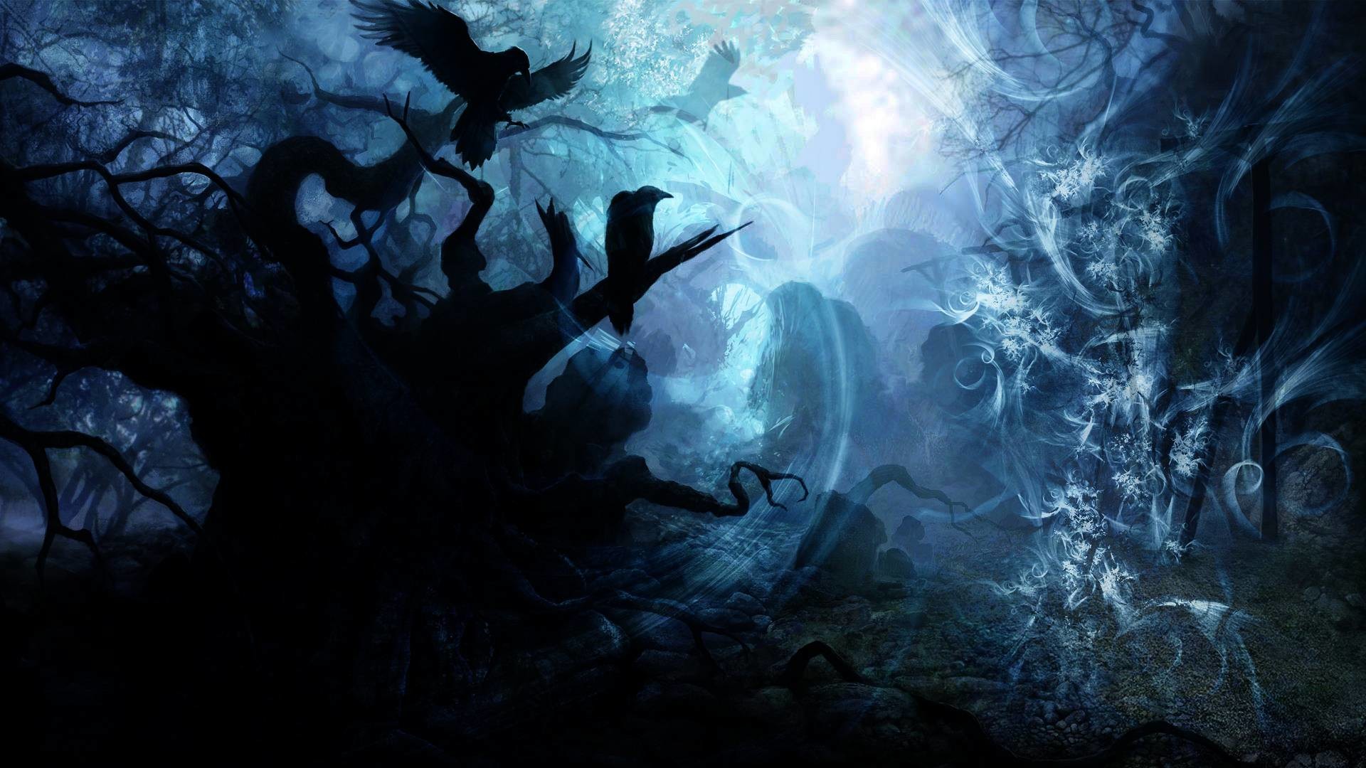 Corvi, Albero contorto, Notte, Blu, Full HD 1080p, sfondo desktop