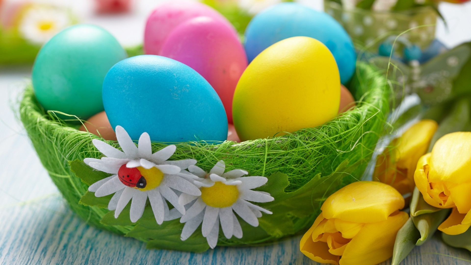Uova colorate, Cestino, Margherite, Tulipani gialli, Full HD, sfondo desktop