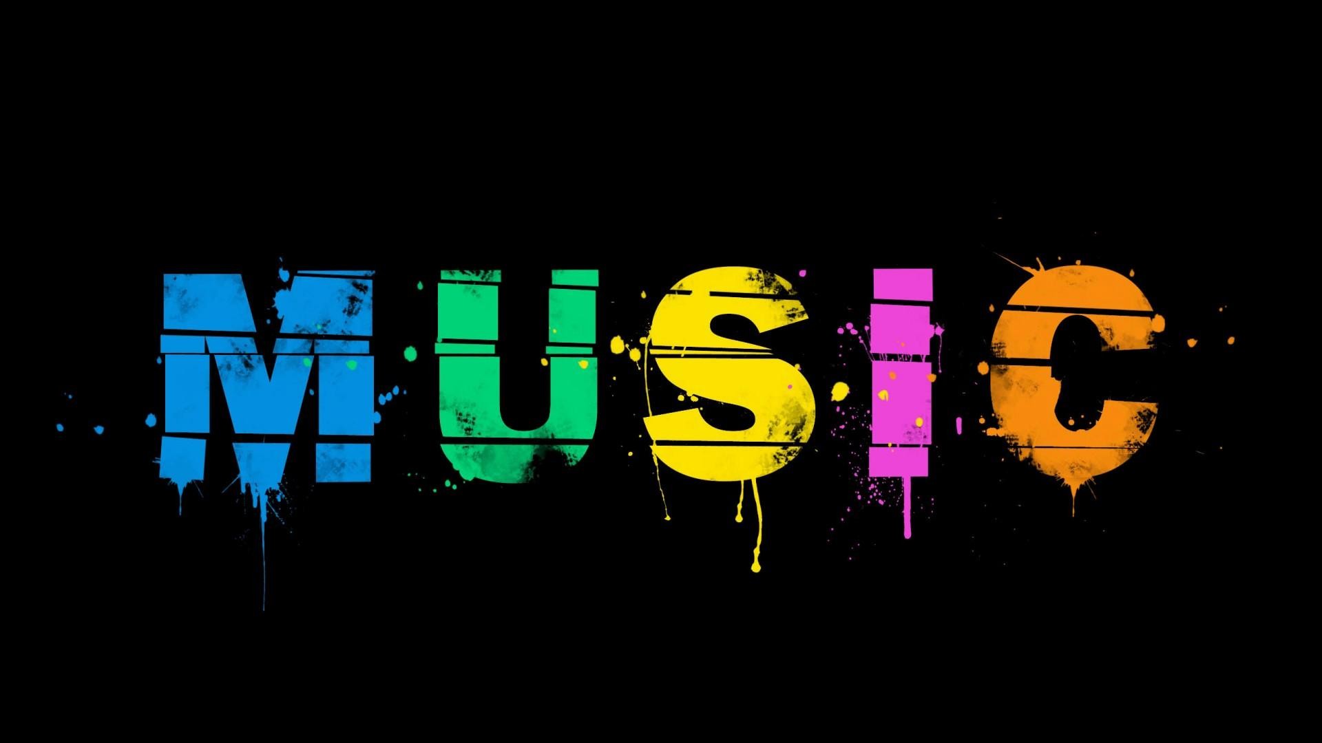 Music, Scritta colorata, Schizzi di vernice, Sfondo nero, 1920x1080, wallpaper desktop