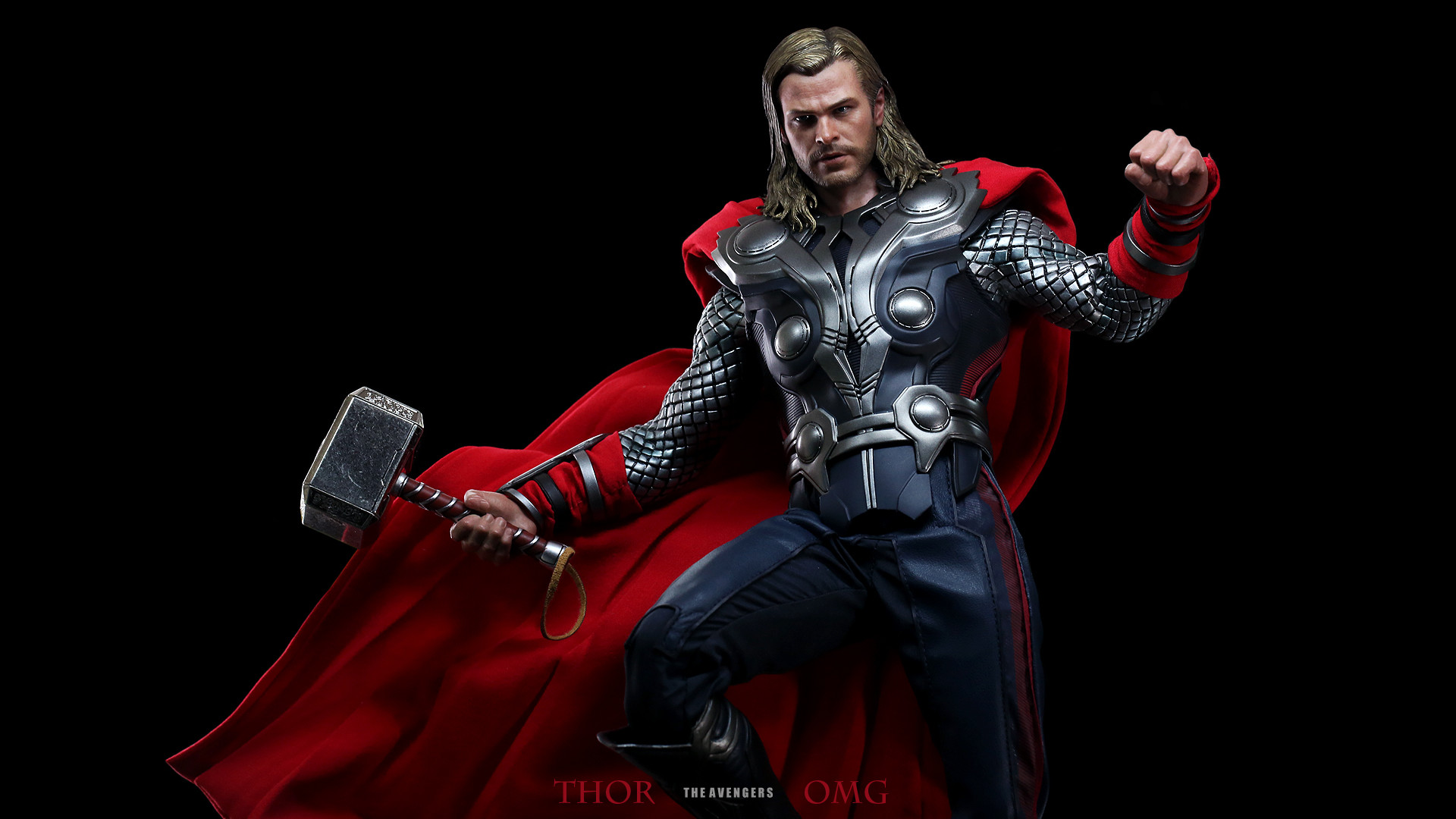 Thor, Chris Hemsworth, The Avengers, Mjolnir, Sfondo nero, Full HD, wallpaper per portatile