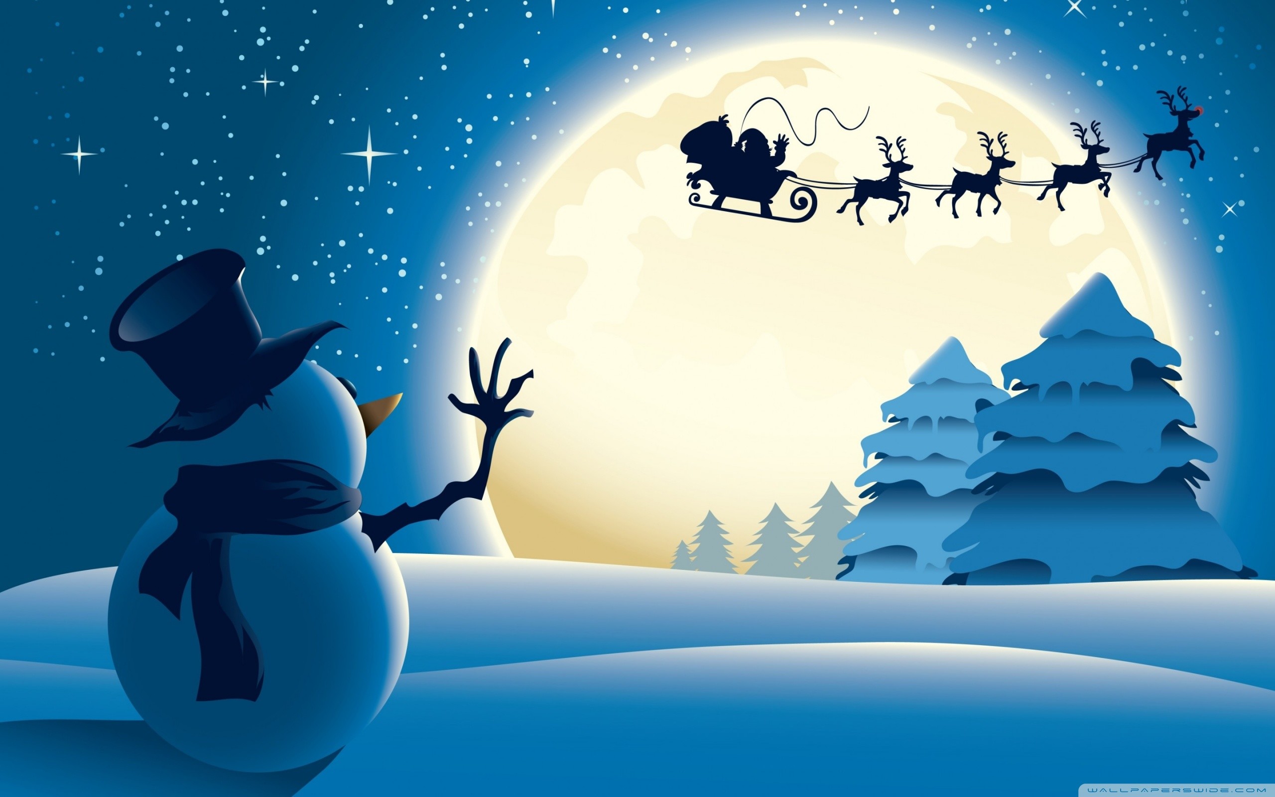 Babbo Natale, Slitta, Renne, Pupazzo di neve, Luna, 2K, sfondo per PC e portatile