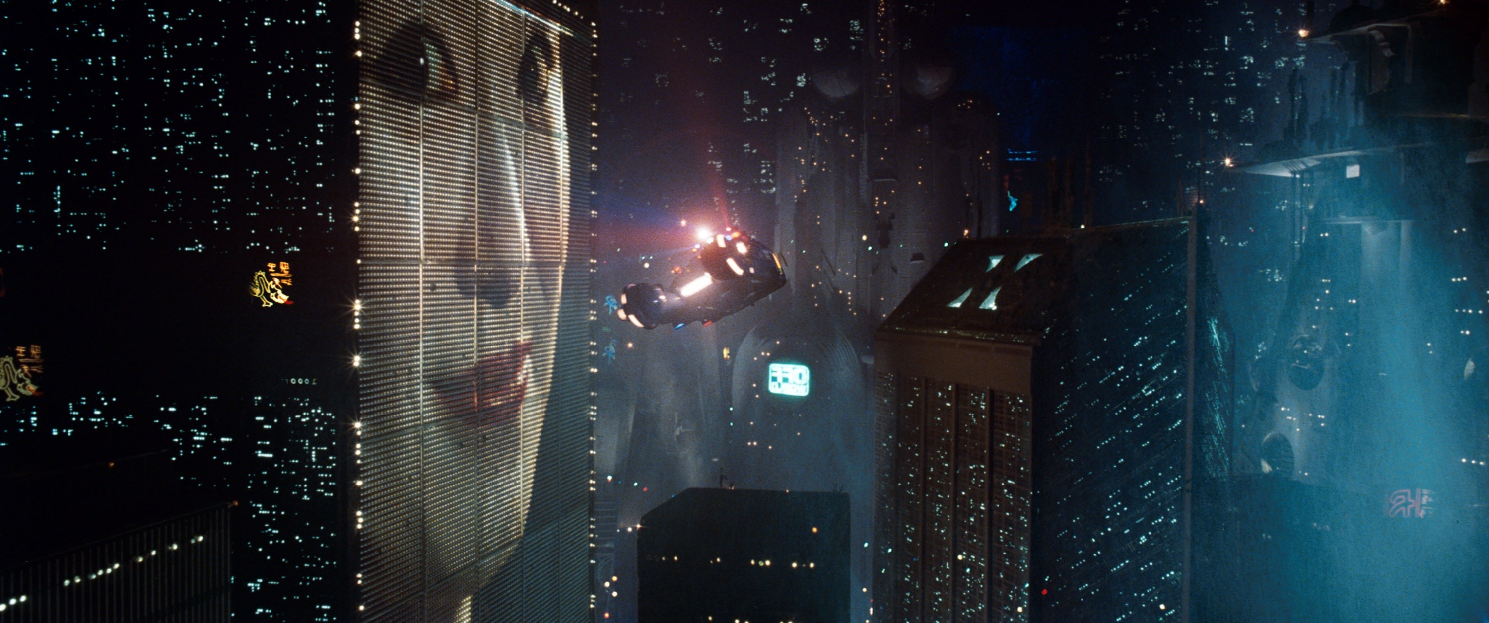 Blade Runner, Pubblicità geisha, Spinner, Grattacieli, Notte, 21:9 Full HD, sfondo widescreen