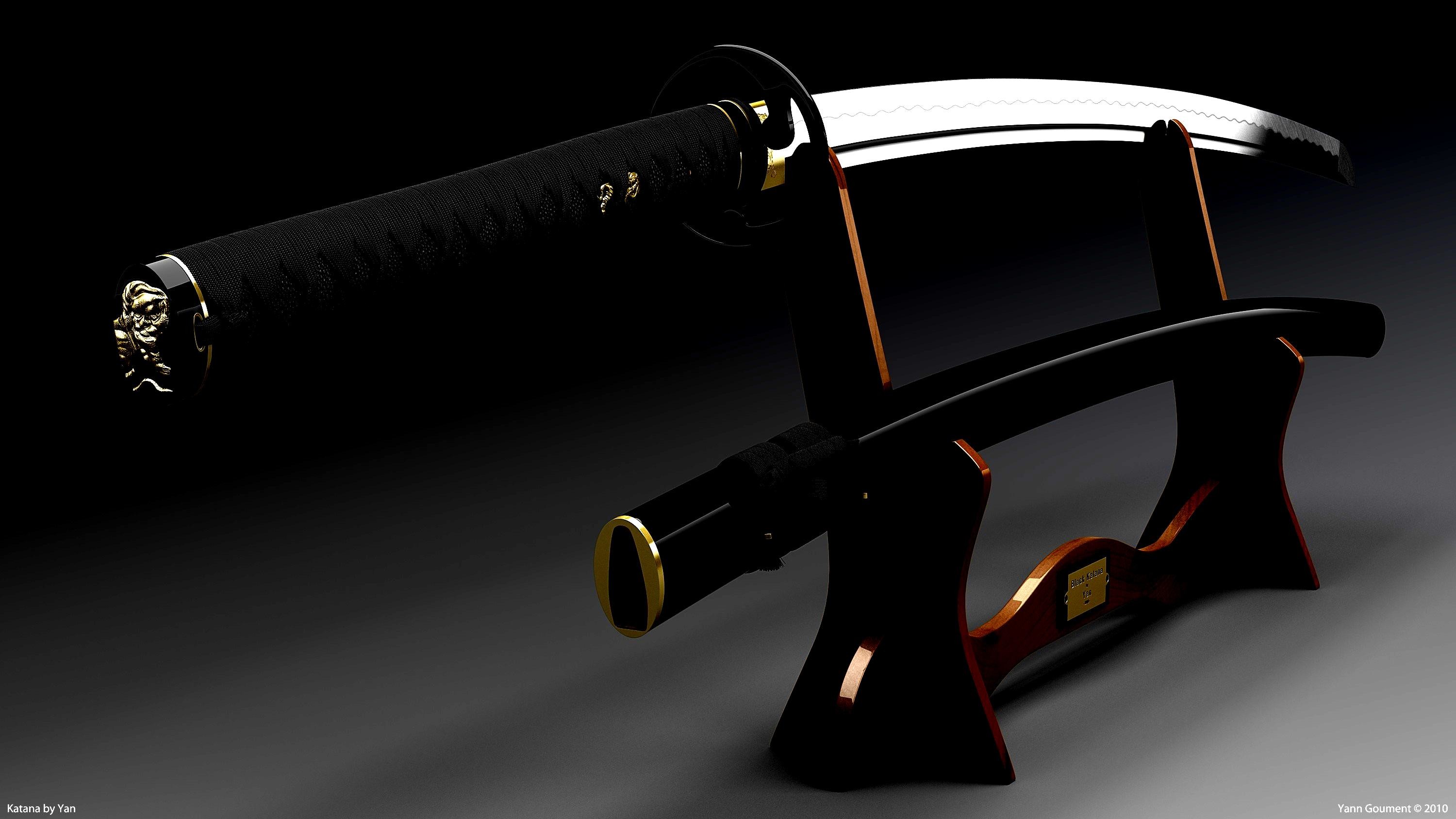 Katana, Wakizashi, Supporto per spada, Sfondo scuro, 2K, wallpaper per computer