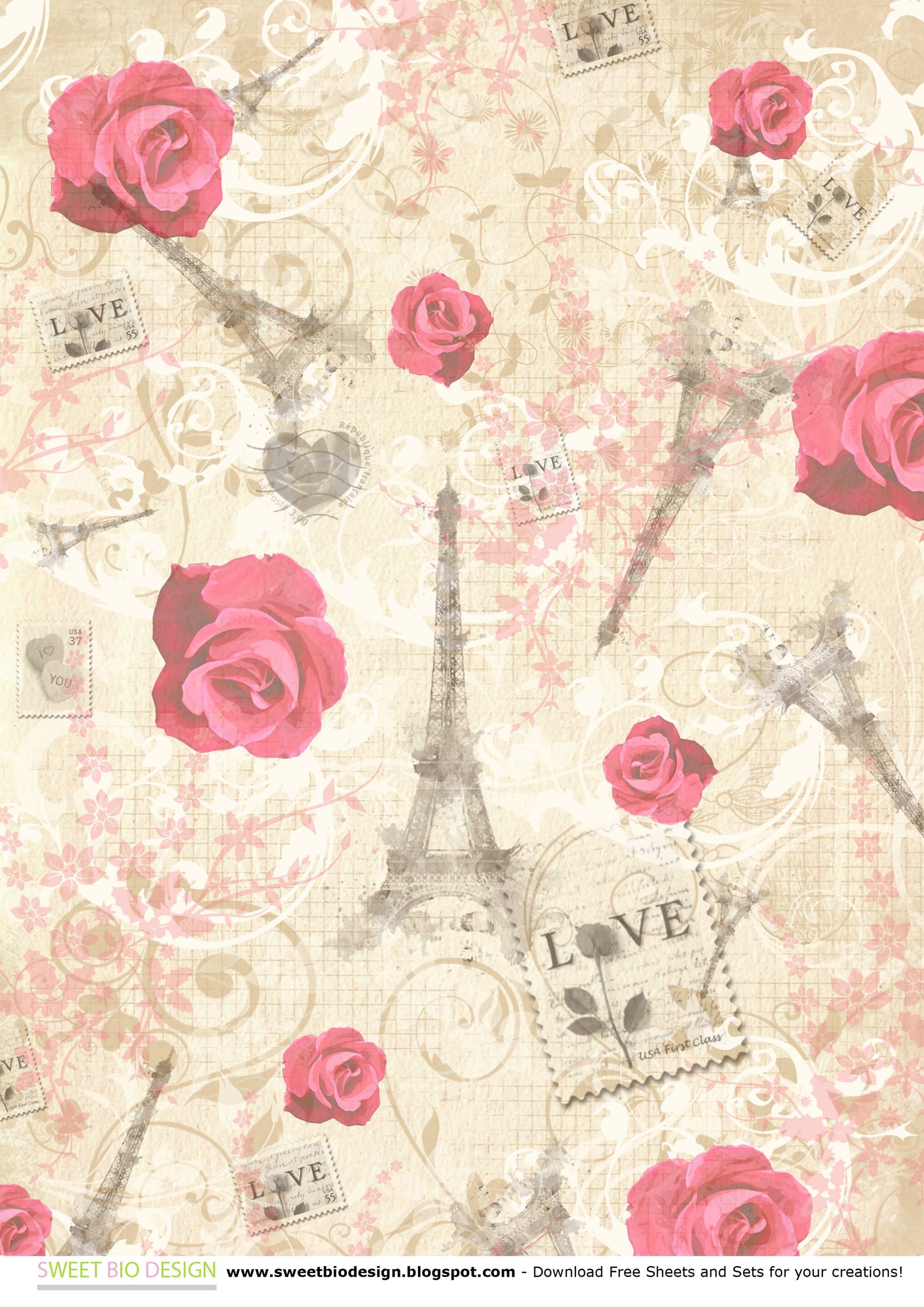 Torre Eiffel, Rose, Carta decorata, Shabby chic, QHD+, sfondo per iPad e tablet
