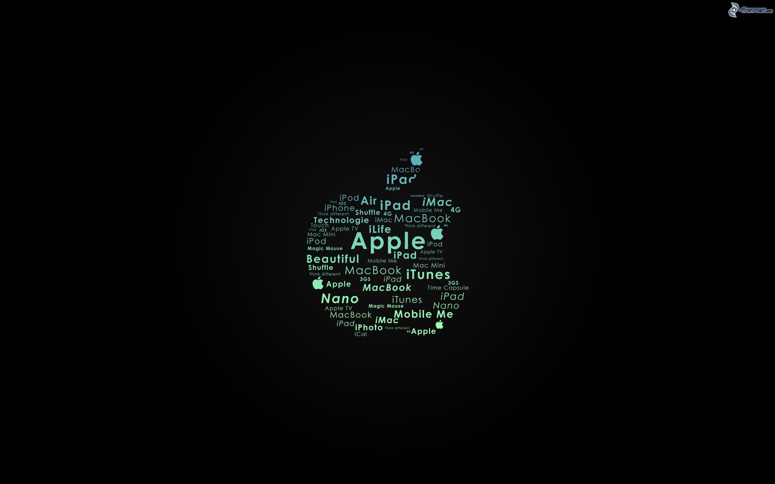 Logo Apple, Nuvola di parole, Sfondo nero, 2K, wallpaper MacBook