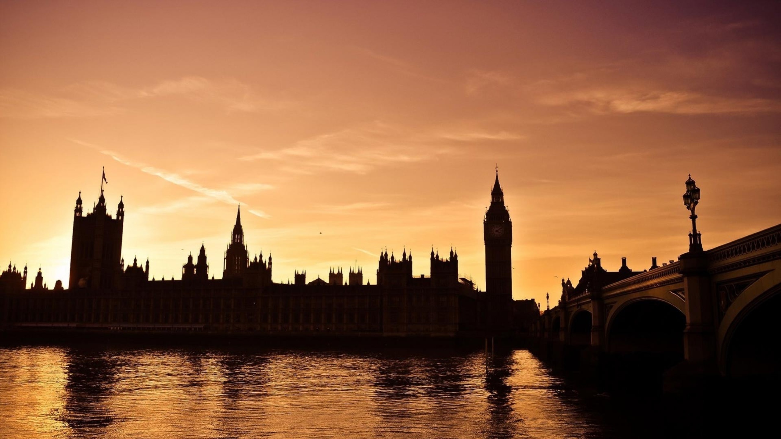 Palazzo di Westminster, Big Ben, Silhouette, Londra, Tramonto, 2K, sfondo per PC