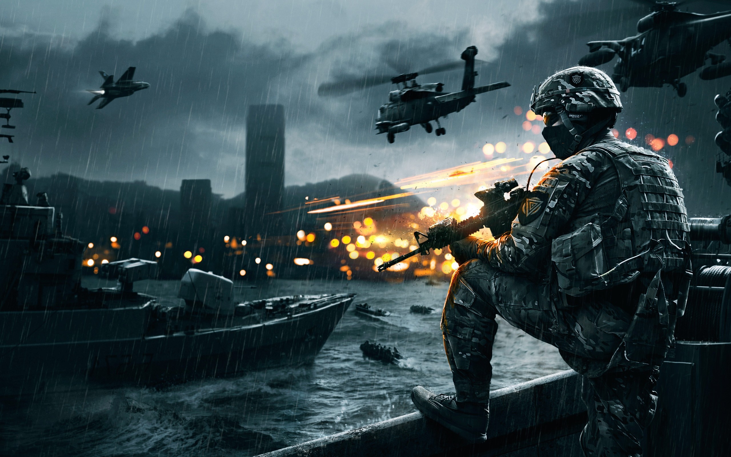 Battlefield, Soldato, Elicottero Apache, Pioggia, Battaglia, Videogioco, sfondo 2K per PC