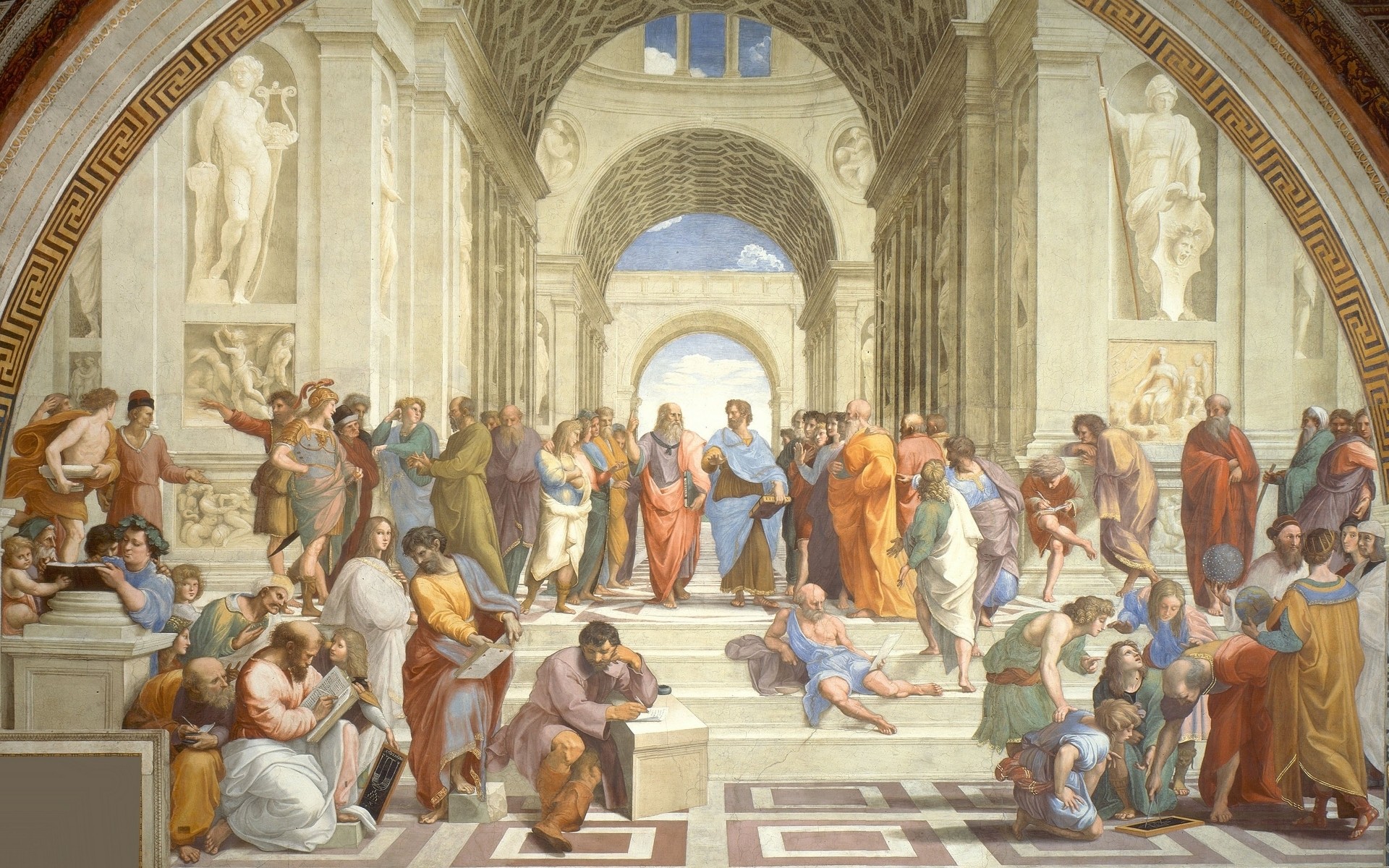 La Scuola di Atene, Raffaello, Platone, Aristotele, Affresco, 1920x1200, immagine di sfondo