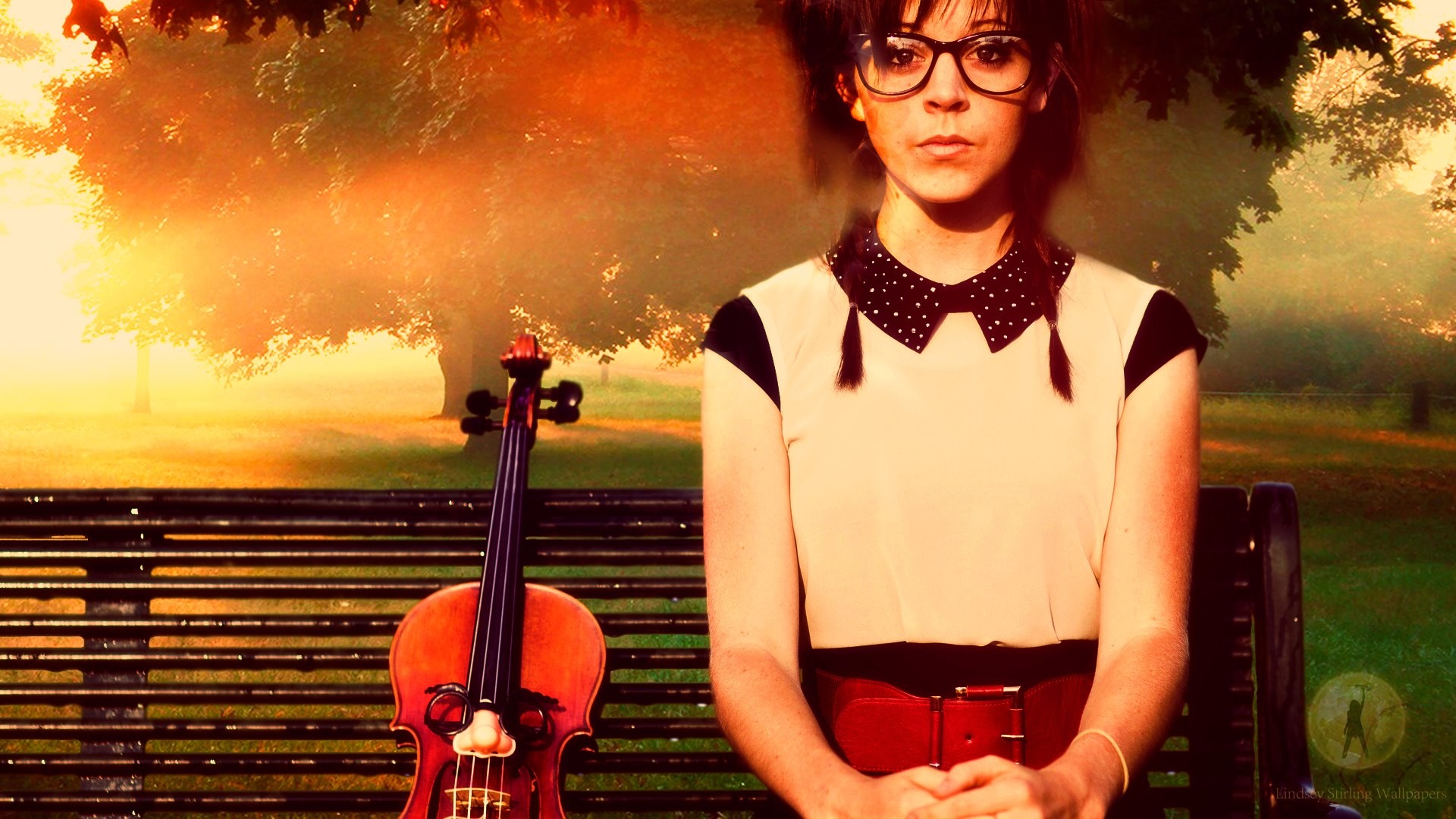 Lindsey Stirling, Violino, Panchina, Occhiali, Tramonto, Full HD, wallpaper per portatile