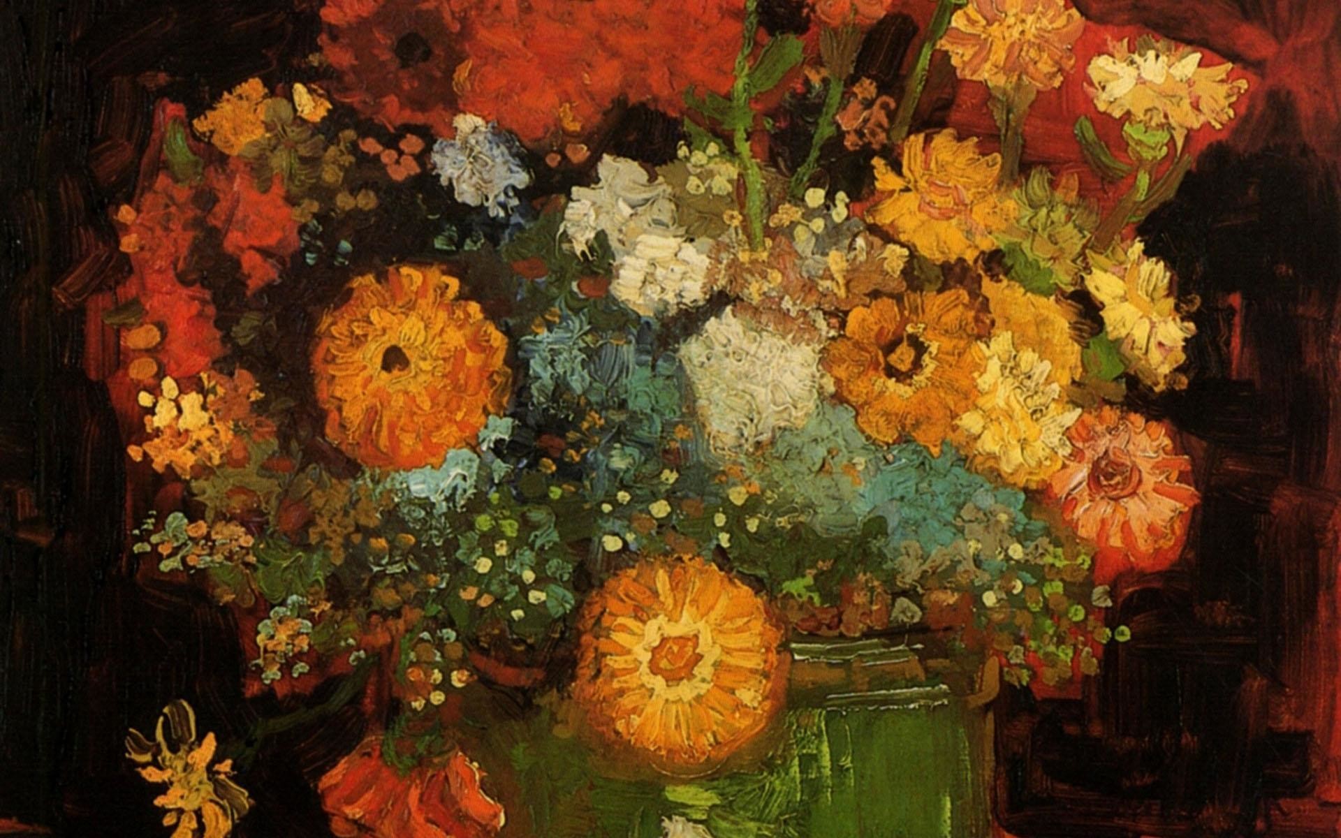 Vaso con zinnie, Vincent van Gogh, Natura morta, Fiori, Full HD, sfondo per PC
