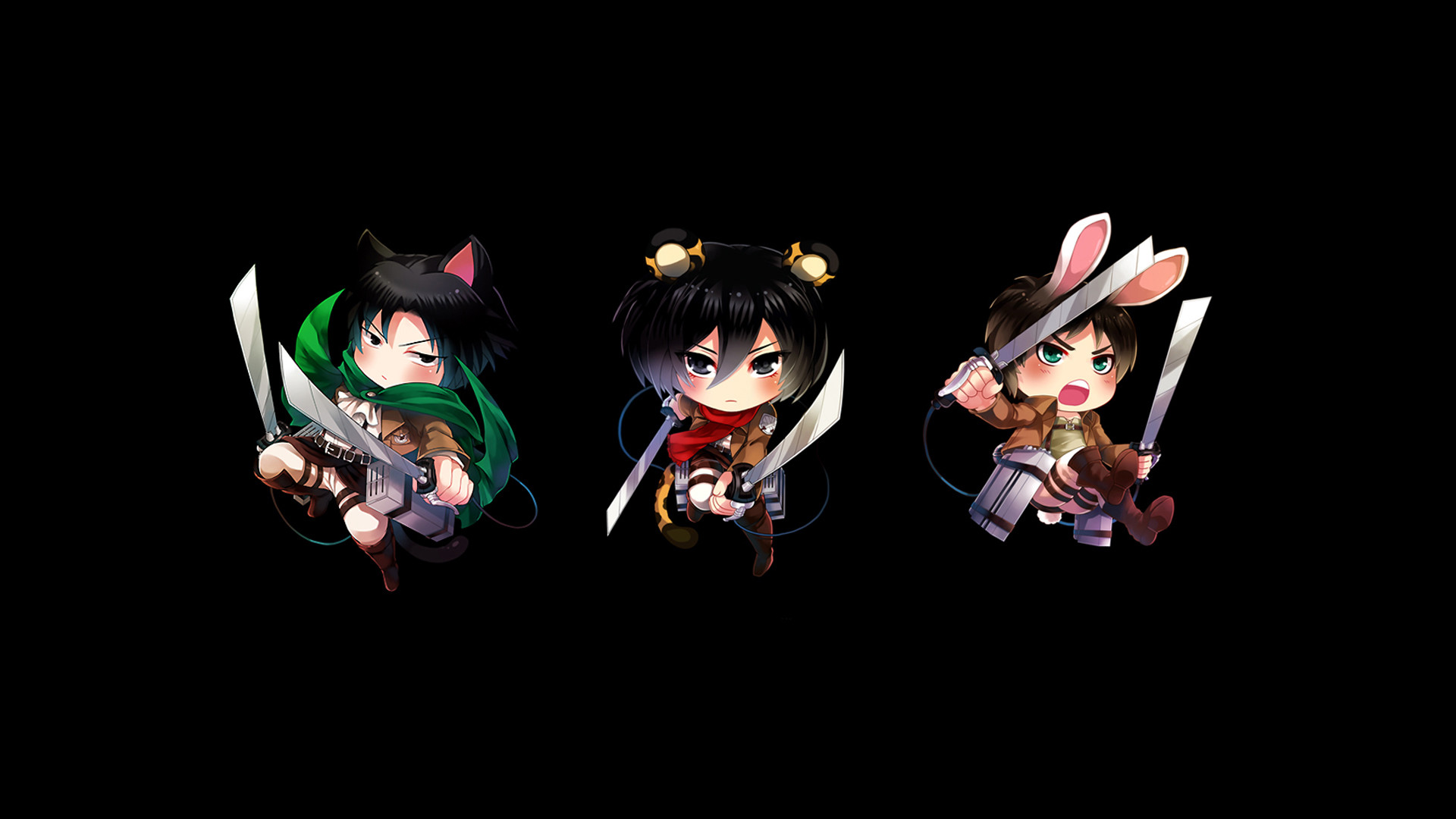 Levi Ackerman, Mikasa Ackerman, Eren Jaeger, Chibi, Sfondo nero, wallpaper 1920x1080